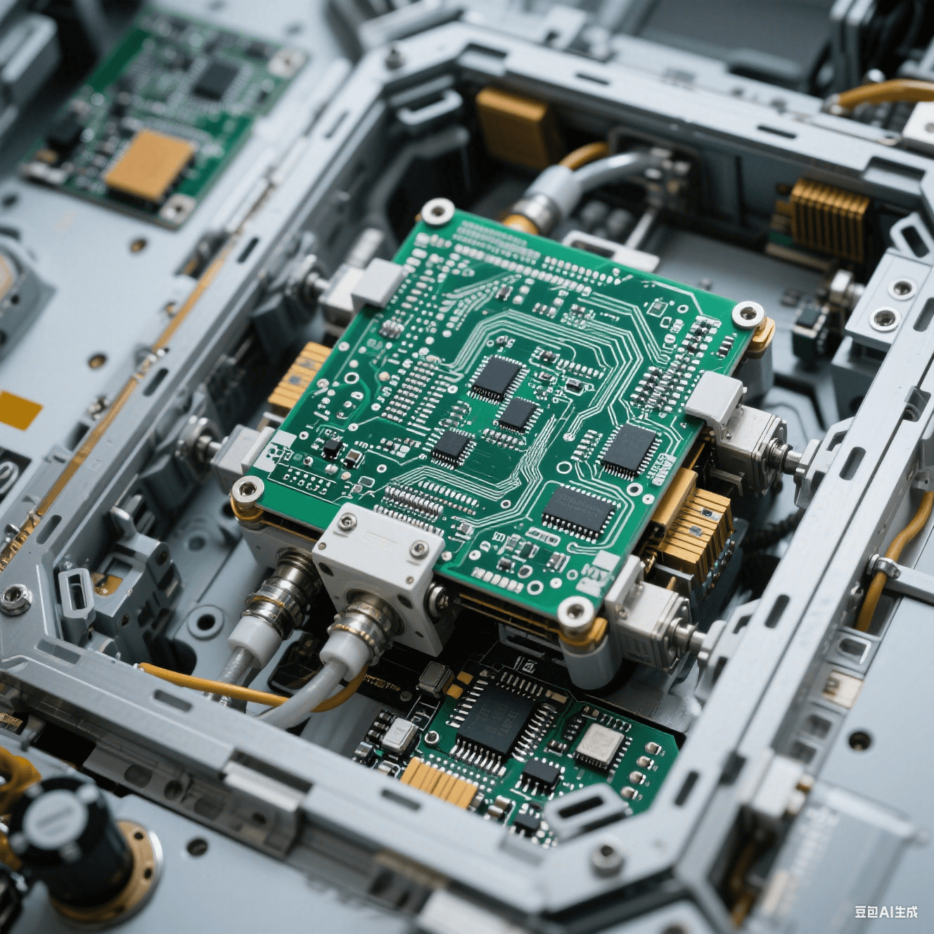 航空航天領(lǐng)域中使用的 PCB 陶瓷電路板圖片，展示其在衛(wèi)星星載電子設(shè)備中的安裝方式