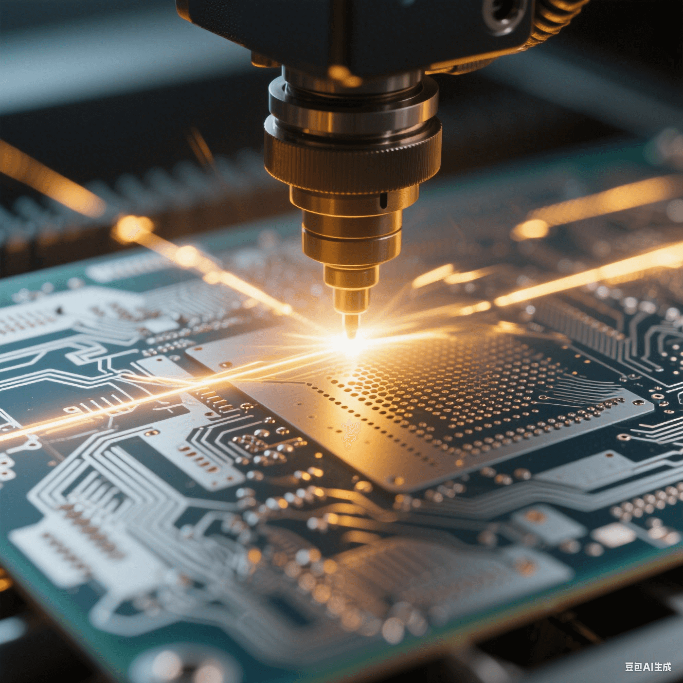 特種印制電路板的激光微孔加工過(guò)程，UV 激光束聚焦于板材，形成精細(xì)微孔