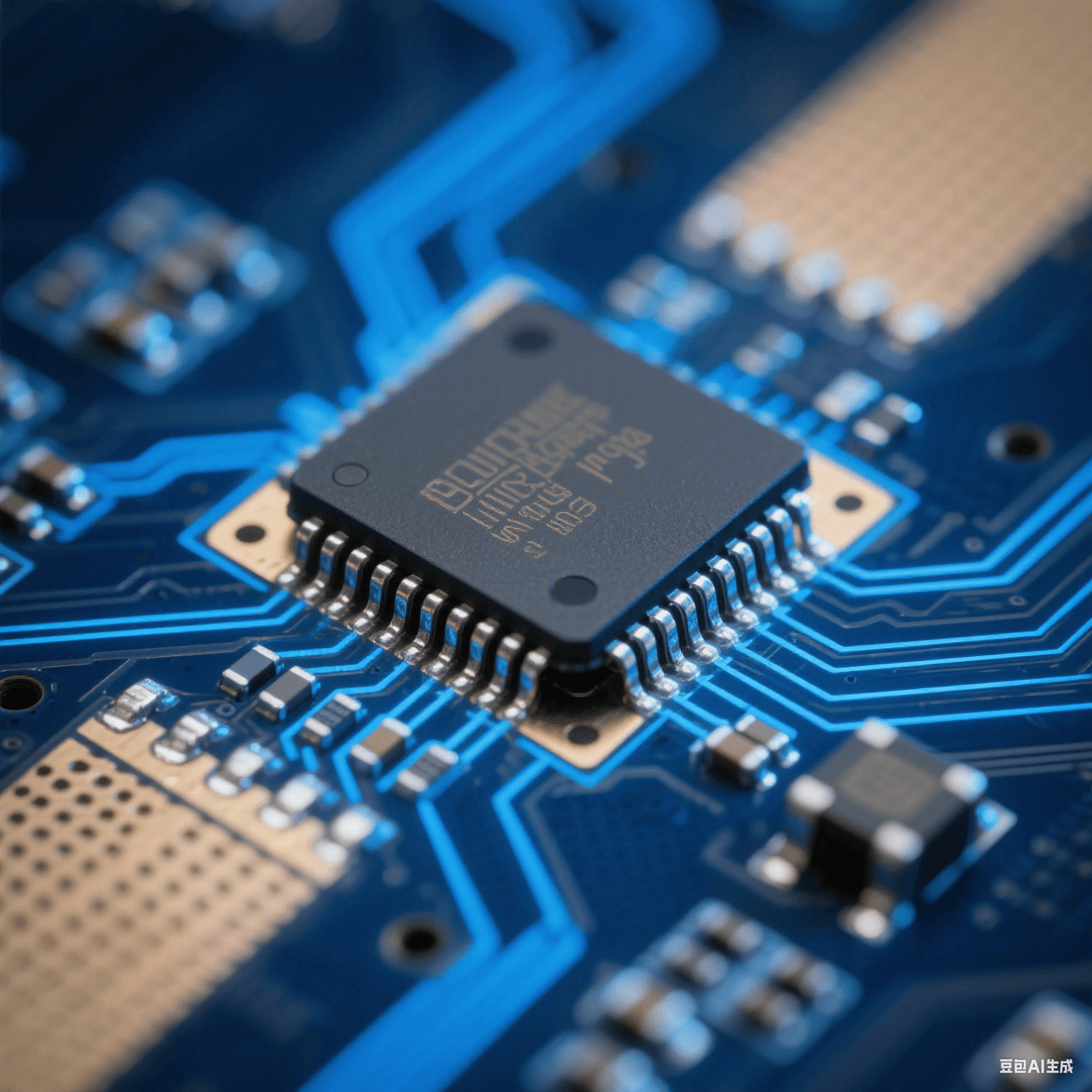 Flip Chip 倒裝芯片與封裝基板互連細(xì)節(jié)，顯示微米級(jí)焊點(diǎn)與信號(hào)傳輸路徑，背景為藍(lán)色電路板基底