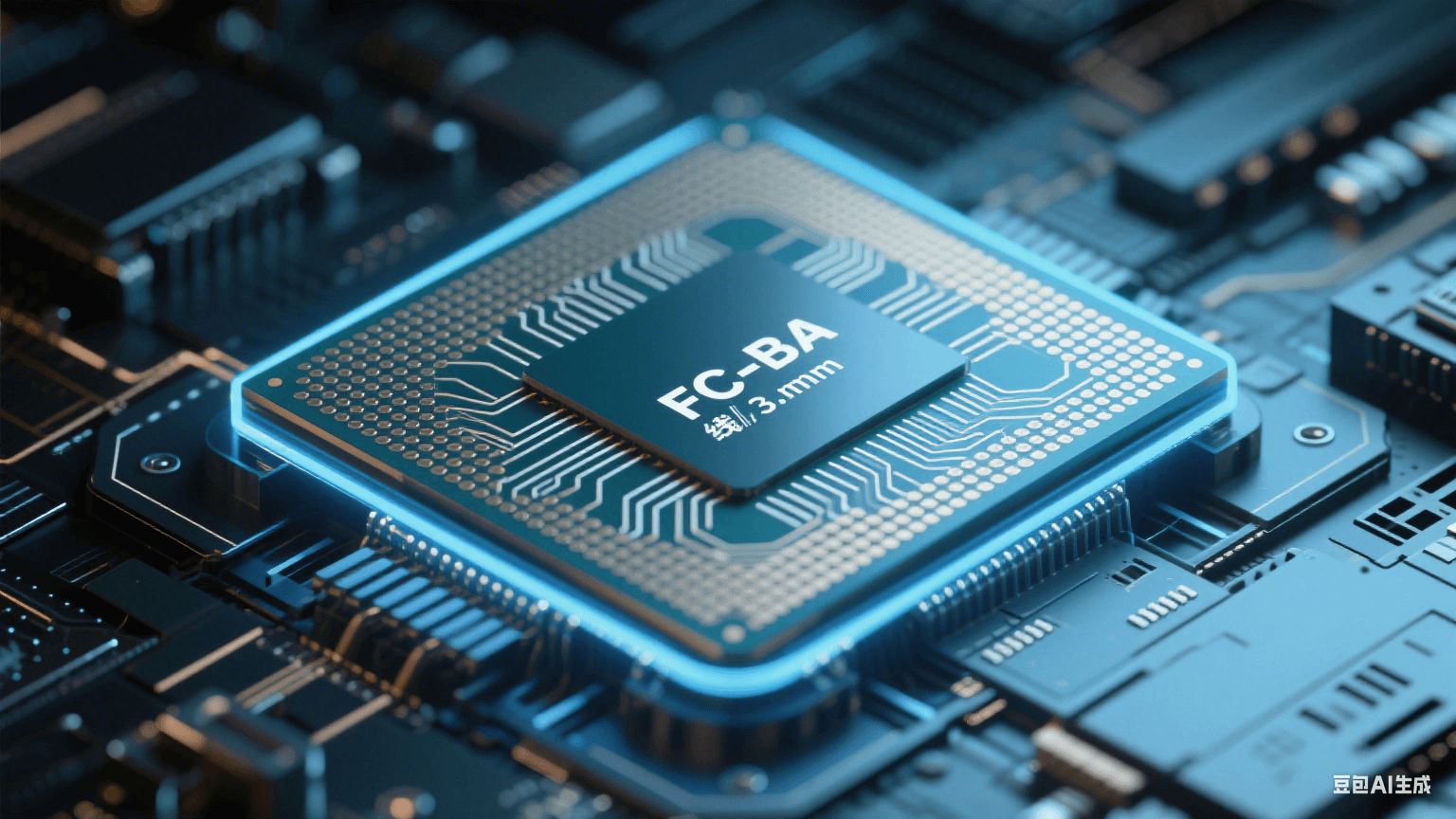 類載板（SLP）高密度互連示意圖，展示 3μm 線寬布線與 FC-BGA 封裝結(jié)構(gòu)，支持 HBM 芯片堆疊集成