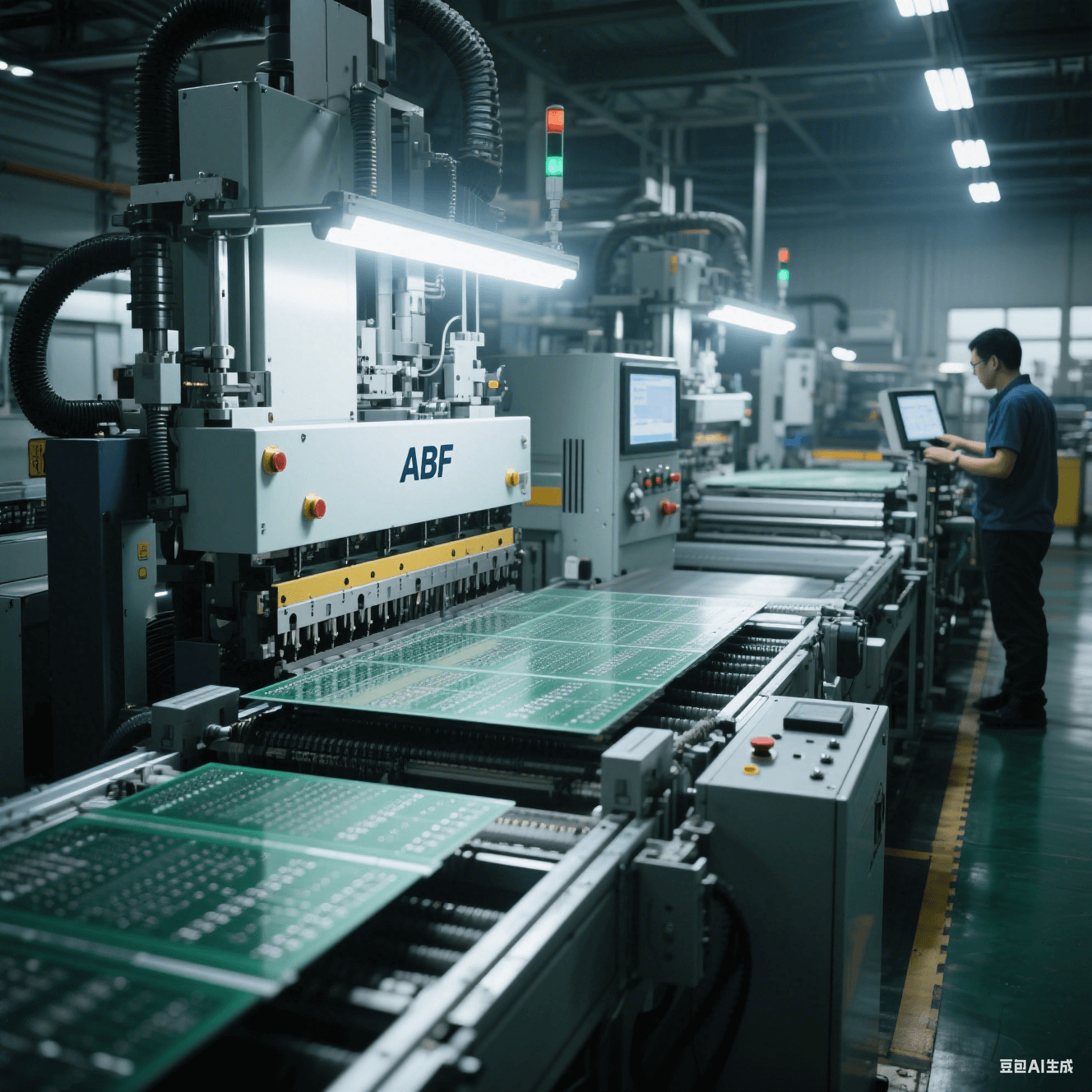 ABF 載板量產(chǎn)流水線實(shí)拍，呈現(xiàn) mSAP 工藝壓合與激光鉆孔工序，工人監(jiān)控設(shè)備運(yùn)行，體現(xiàn)高多層基板制造流程。