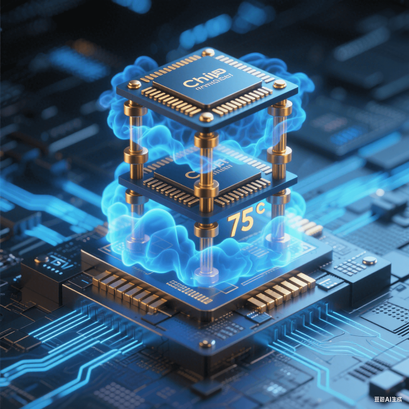 硅中介層上垂直堆疊 3 顆 Chiplet 芯片，銅微凸點如金色支柱連接，TSV 通孔散發(fā)藍色流光