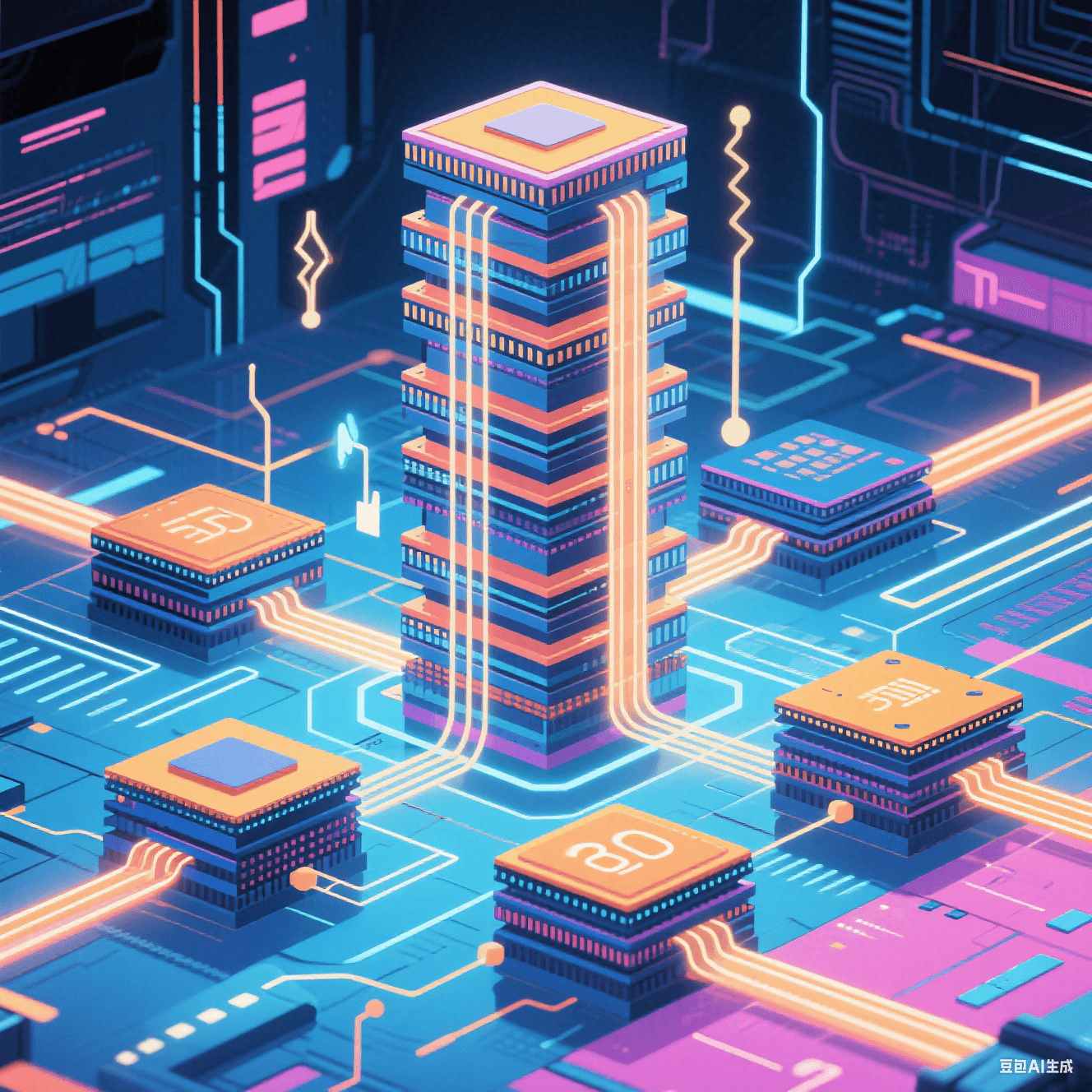 3D 封裝技術(shù)示意圖，多芯片堆疊通過 TSV 硅通孔互連，搭配微通道散熱結(jié)構(gòu)，呈現(xiàn) Chiplet 異構(gòu)集成場(chǎng)景。