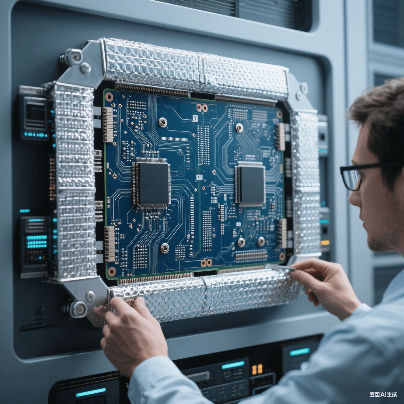 子計算高速電路板運用雙屏蔽層設(shè)計優(yōu)化信號完整性，工程師檢查屏蔽層安裝情況