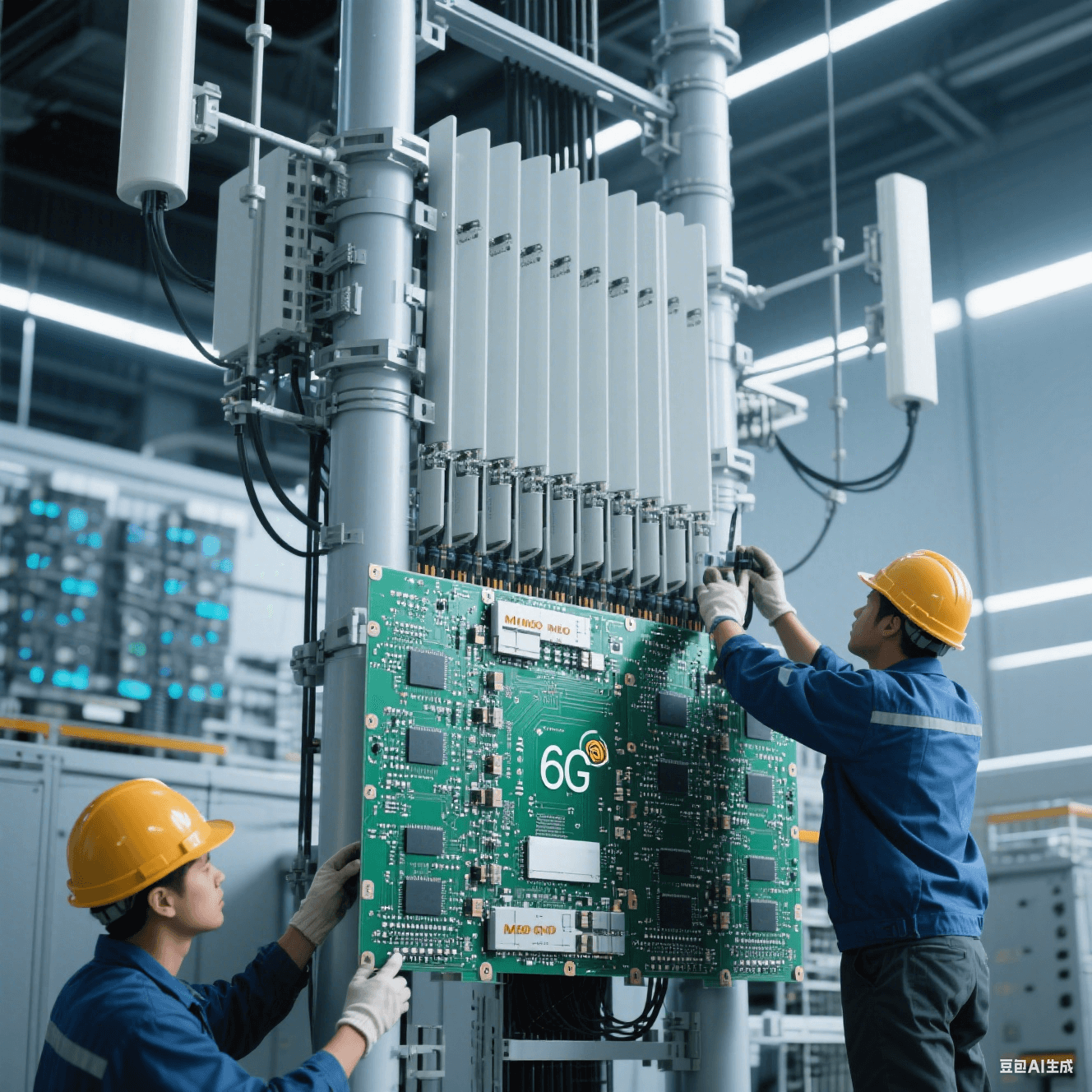 6G 基站中，超大規(guī)模 MIMO 天線與高速電路板集成，工人進(jìn)行安裝調(diào)試
