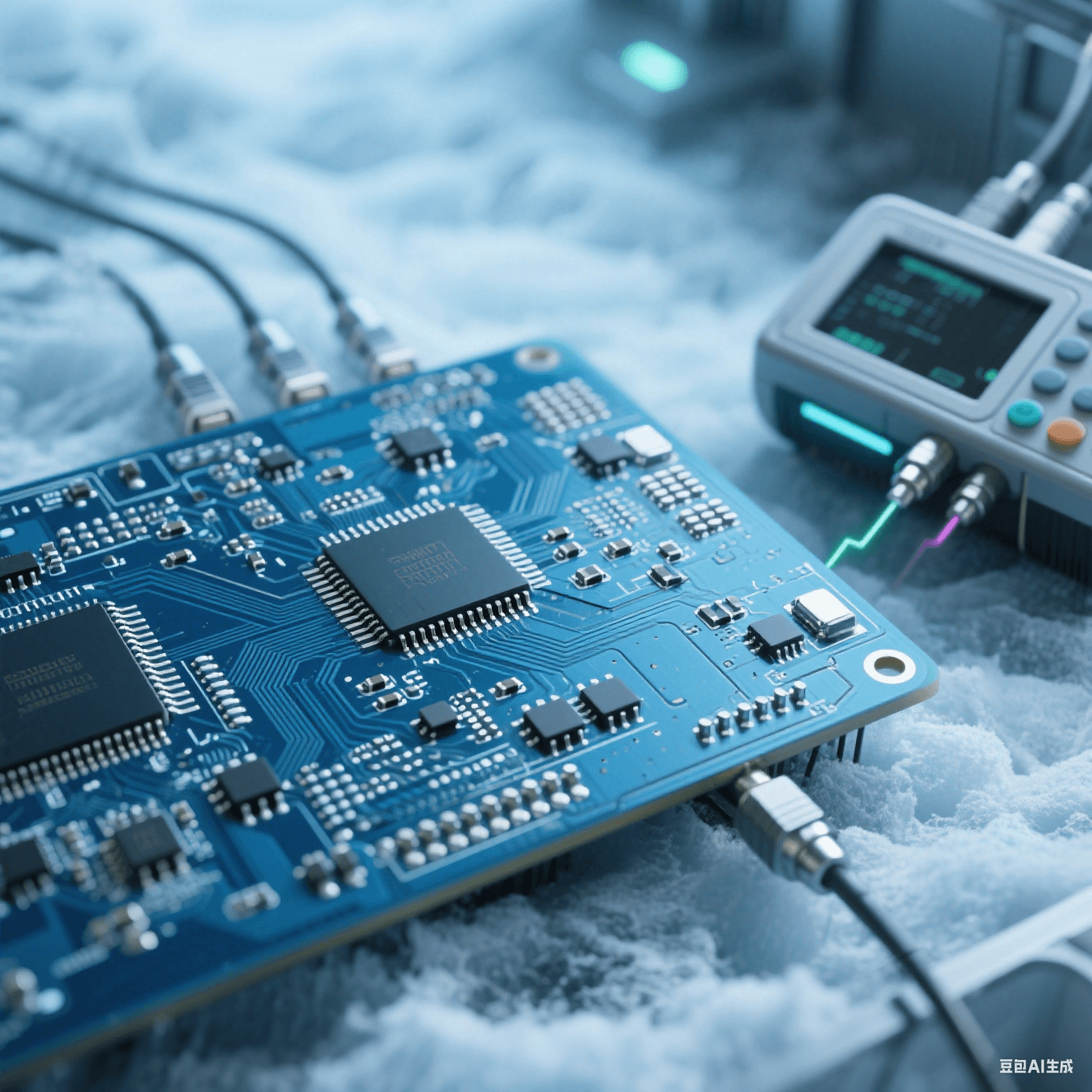 量子計算高速電路板在低溫測試環(huán)境，銦基焊料使焊點保持良好連接，旁邊儀器檢測信號完整性