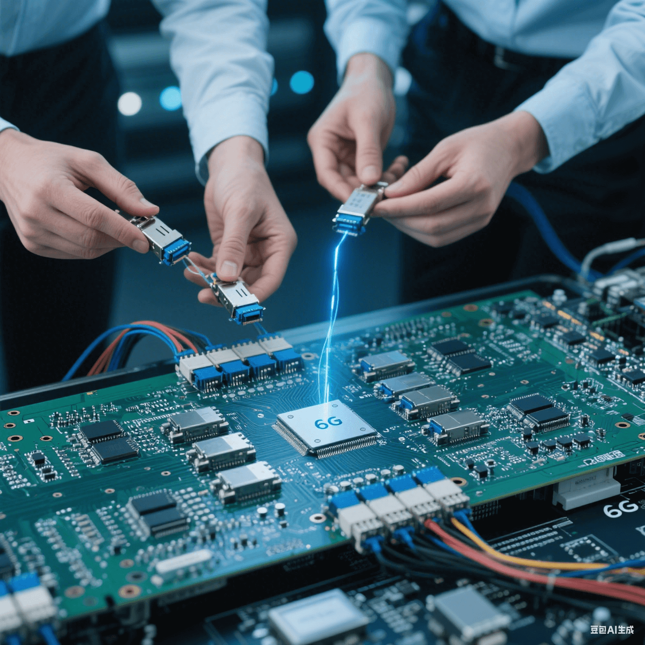 6G 通信高速電路板與硅光模塊互連，技術(shù)人員檢查連接情況和信號(hào)傳輸效果。