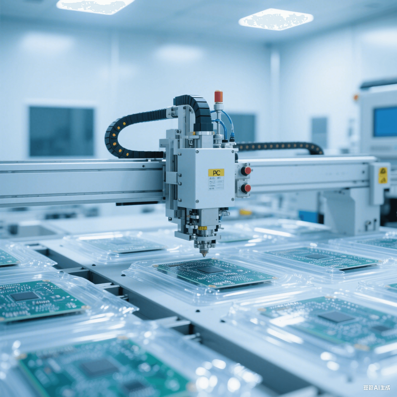 潔凈封裝車間內(nèi)自動封裝設(shè)備對 PCB 板進行封裝，透明封裝材料在燈光下反光