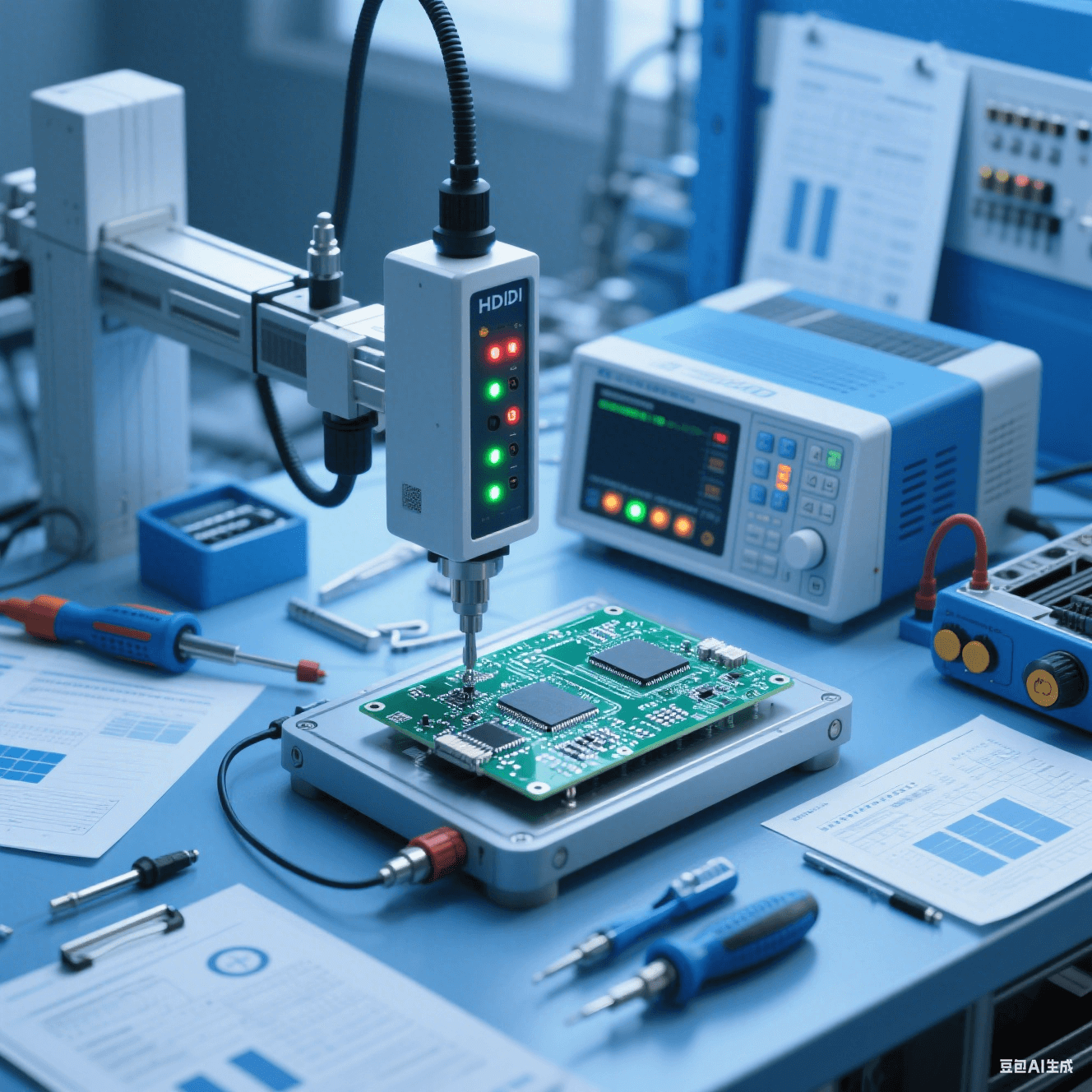 汽車電子測試車間內(nèi)測試儀器對 HDI 板進行性能測試，儀器指示燈閃爍，周圍擺放測試工具與報告