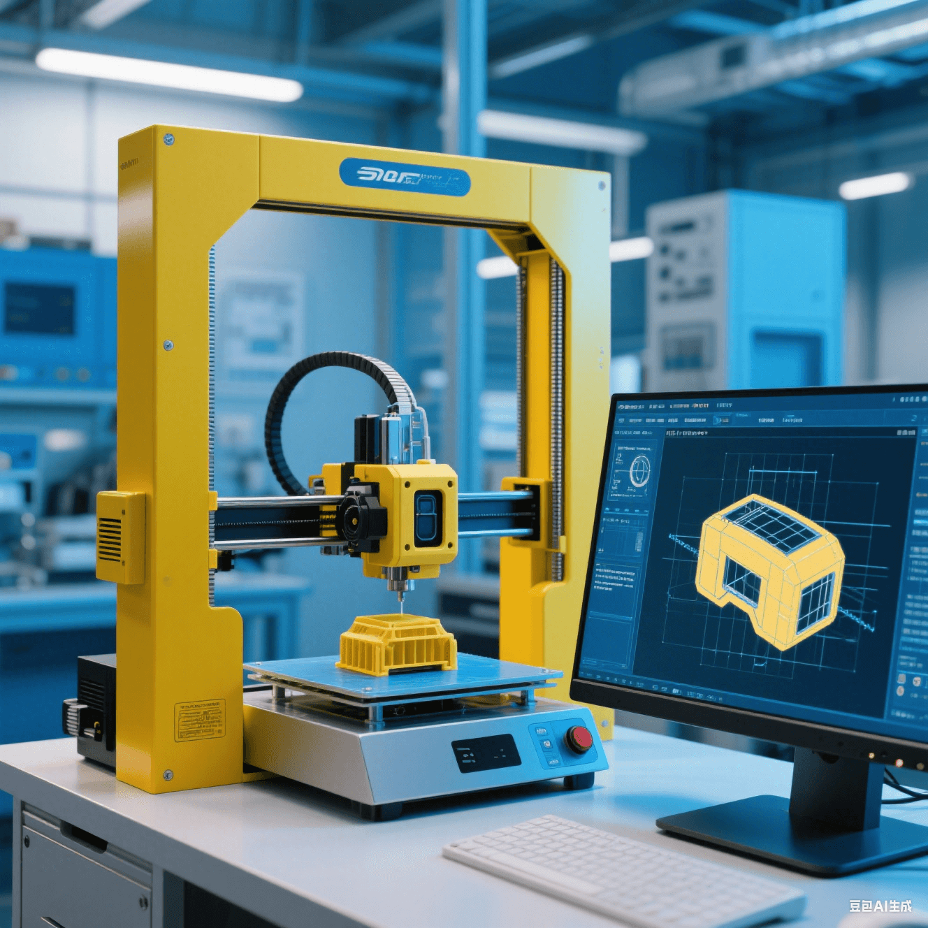 智能駕駛傳感器實驗室中 3D 打印機打印傳感器外殼模型，電腦屏幕顯示設計圖紙