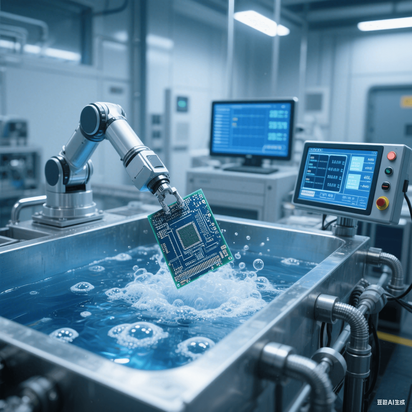 現(xiàn)代化電鍍車間中電鍍槽溶液冒泡，機械手臂將 PCB 板放入槽內(nèi)電鍍，旁側(cè)監(jiān)測儀器顯示數(shù)據(jù)