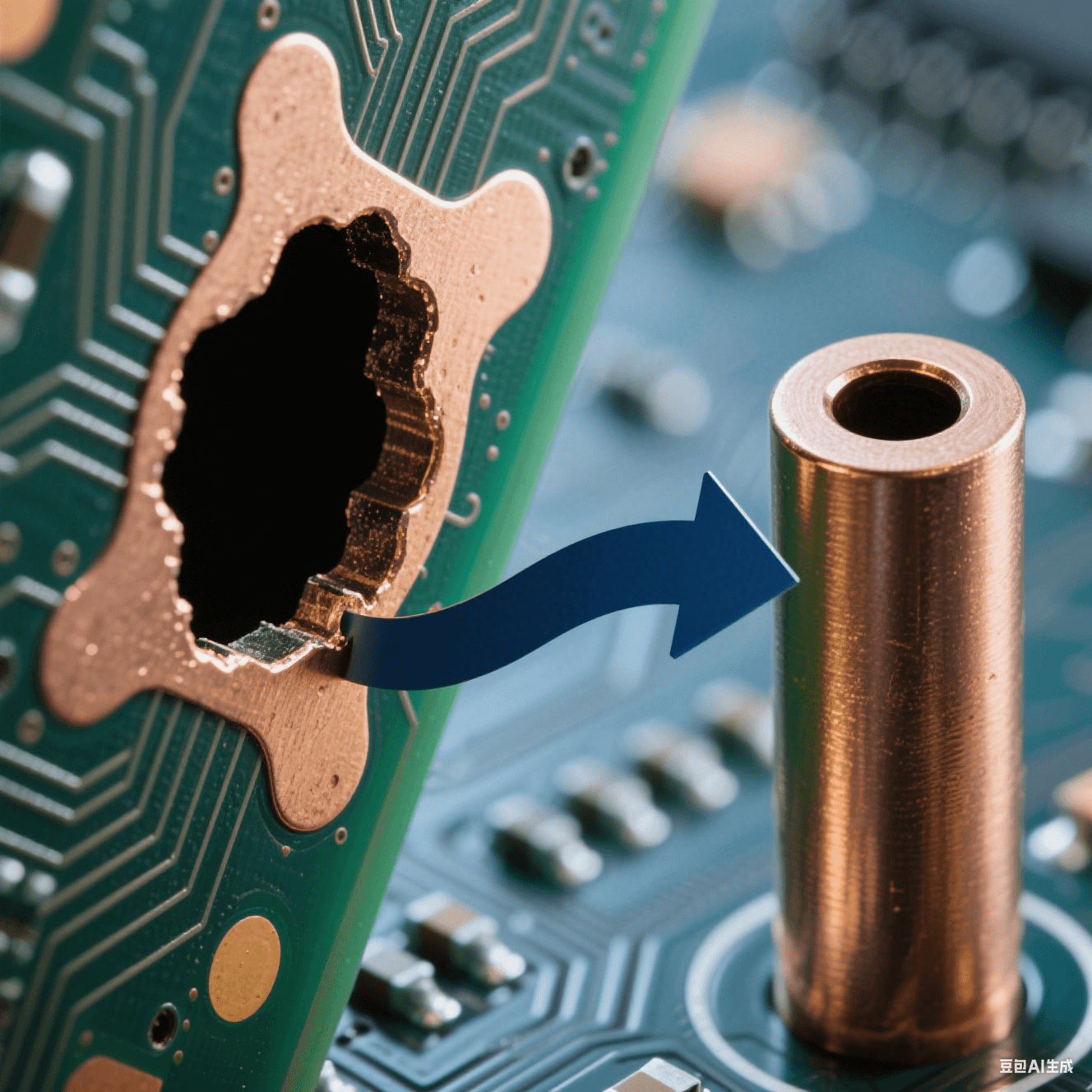 深徑比 101 的 PCB 盲孔顯微特寫，左側孔口 “狗骨” 凸起與中部空洞缺陷，右側對比均勻銅填充柱體，深藍背景中鍍液循環(huán)箭頭呈現(xiàn)孔口堵塞與孔內暢通的動態(tài)反差。
