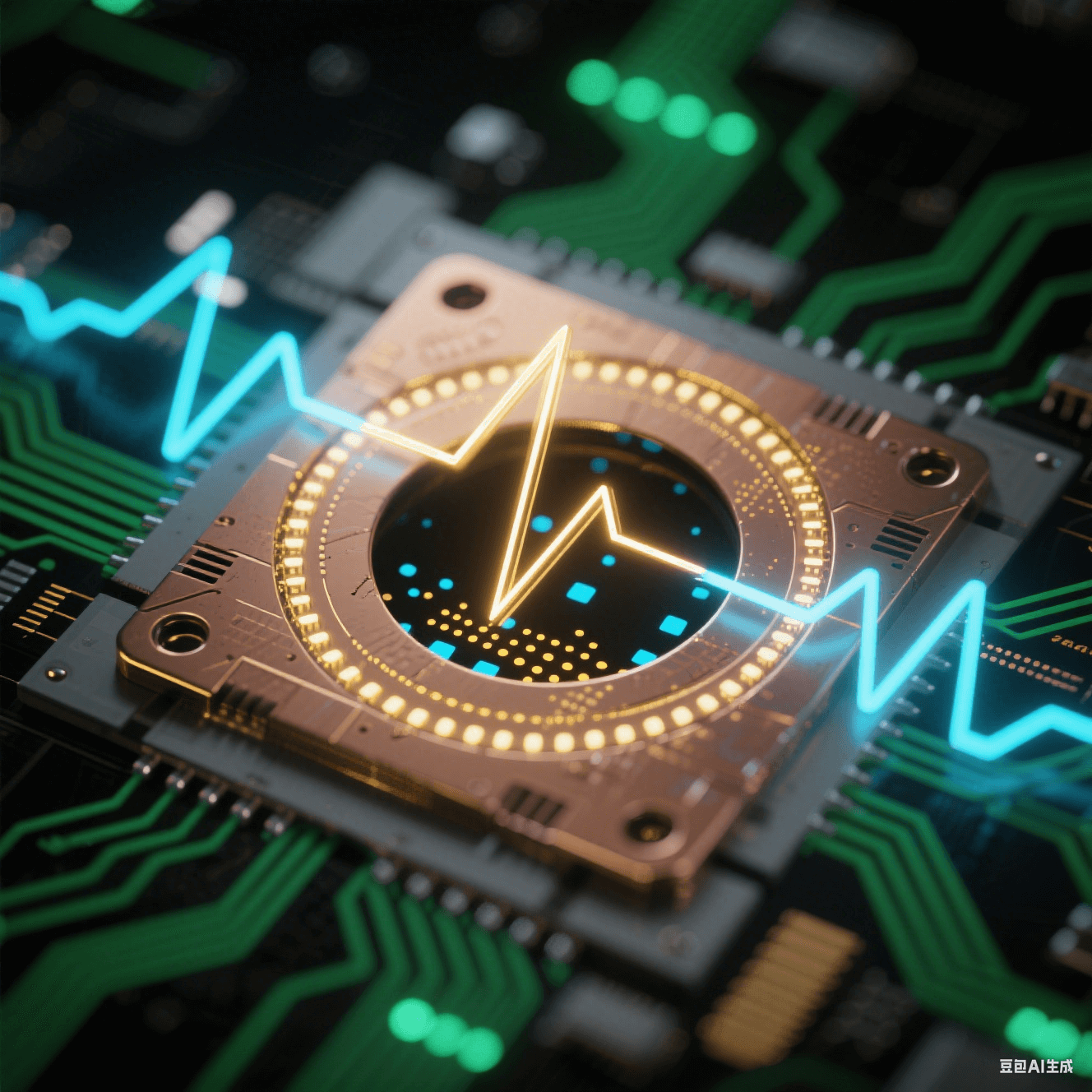 PCB 孔洞懸浮于深空黑背景，金色正向脈沖與藍色反向脈沖波形環(huán)繞，孔內離子濃度以孔口稀疏藍點、孔底密集金點的漸變粒子流表現(xiàn)