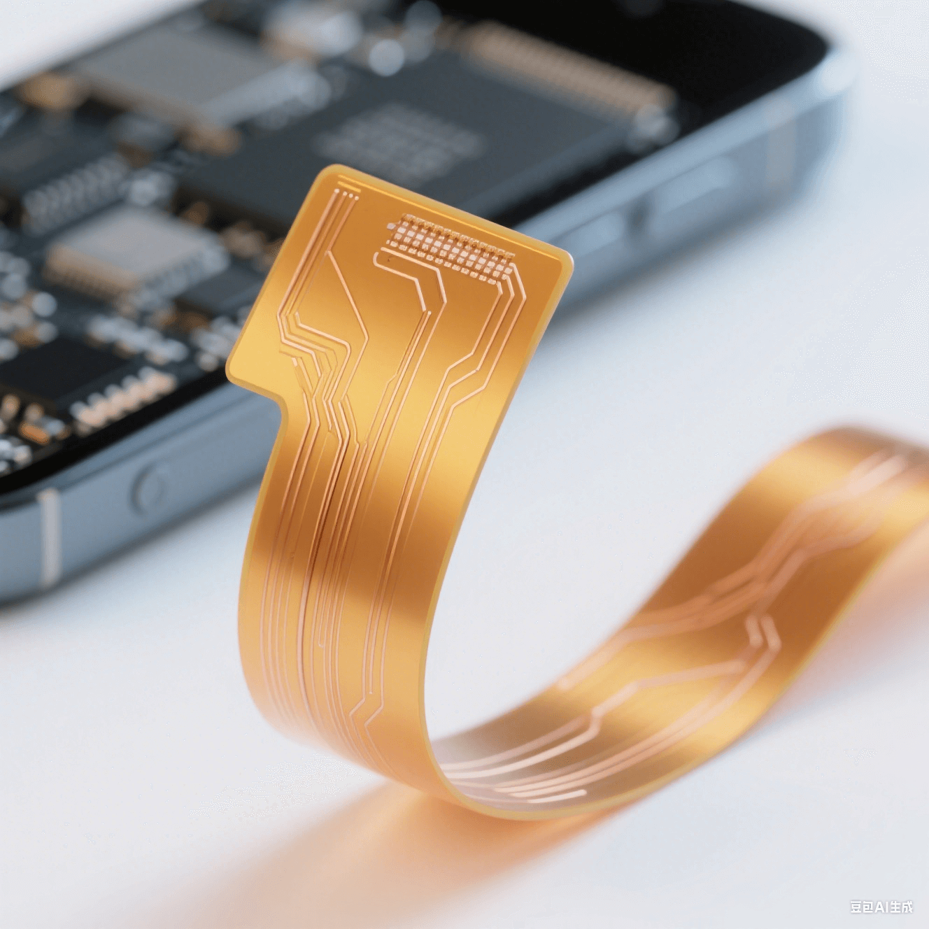 聚酰亞胺柔性板(PI FPC)特寫圖：展示輕薄彎曲形態(tài)與精細(xì)銅線路，背景暗示消費(fèi)電子產(chǎn)品應(yīng)用
