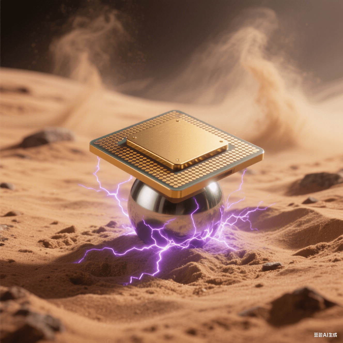 極端環(huán)境應(yīng)用：金色陶瓷封裝芯片置于火星沙地，底部焊球外露，紫色電弧模擬抗輻射性能，沙塵暴背景凸顯可靠性