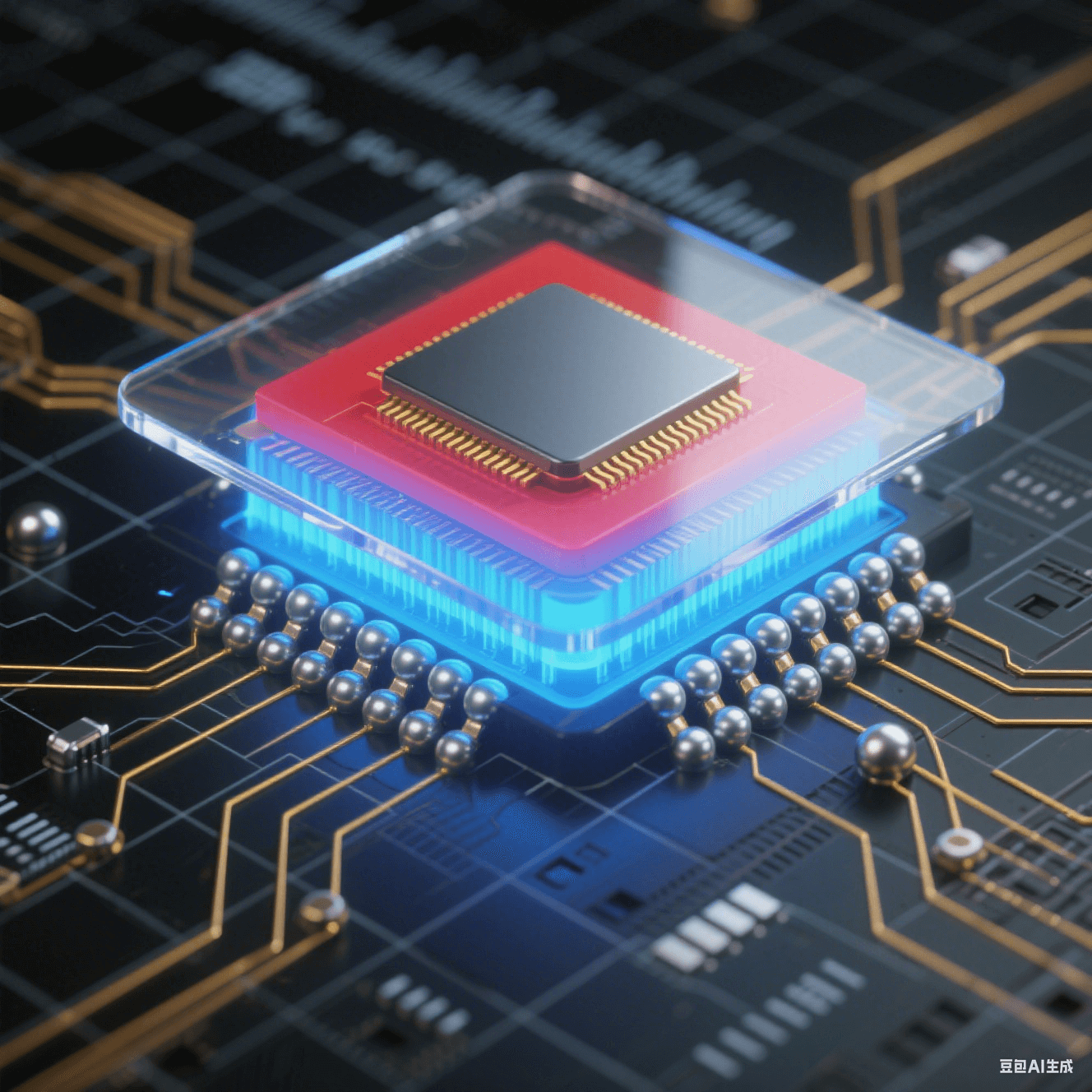 球柵陣列封裝剖面圖：展示電路板基座上芯片的底部銀色焊球陣列，金色導(dǎo)線連接中央硅晶片，內(nèi)部藍(lán)色信號(hào)路徑與紅藍(lán)漸變的散熱流向，背景帶微米級(jí)刻度尺