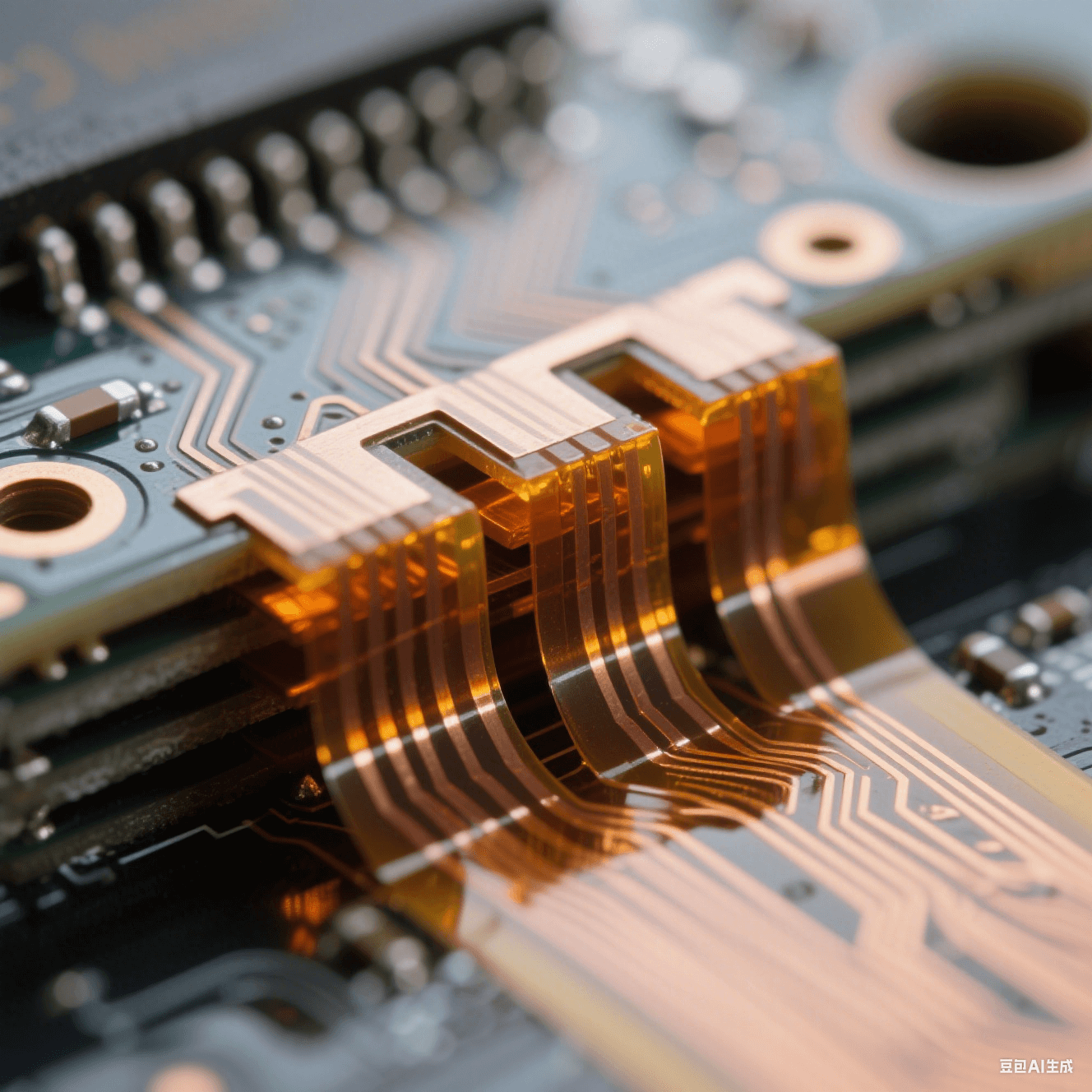 微距攝影：超薄聚酰亞胺薄膜與銅箔交錯(cuò)疊加的橫截面，琥珀色半固化膠層如琥珀包裹電路，金屬光澤與啞光基材形成材質(zhì)對比