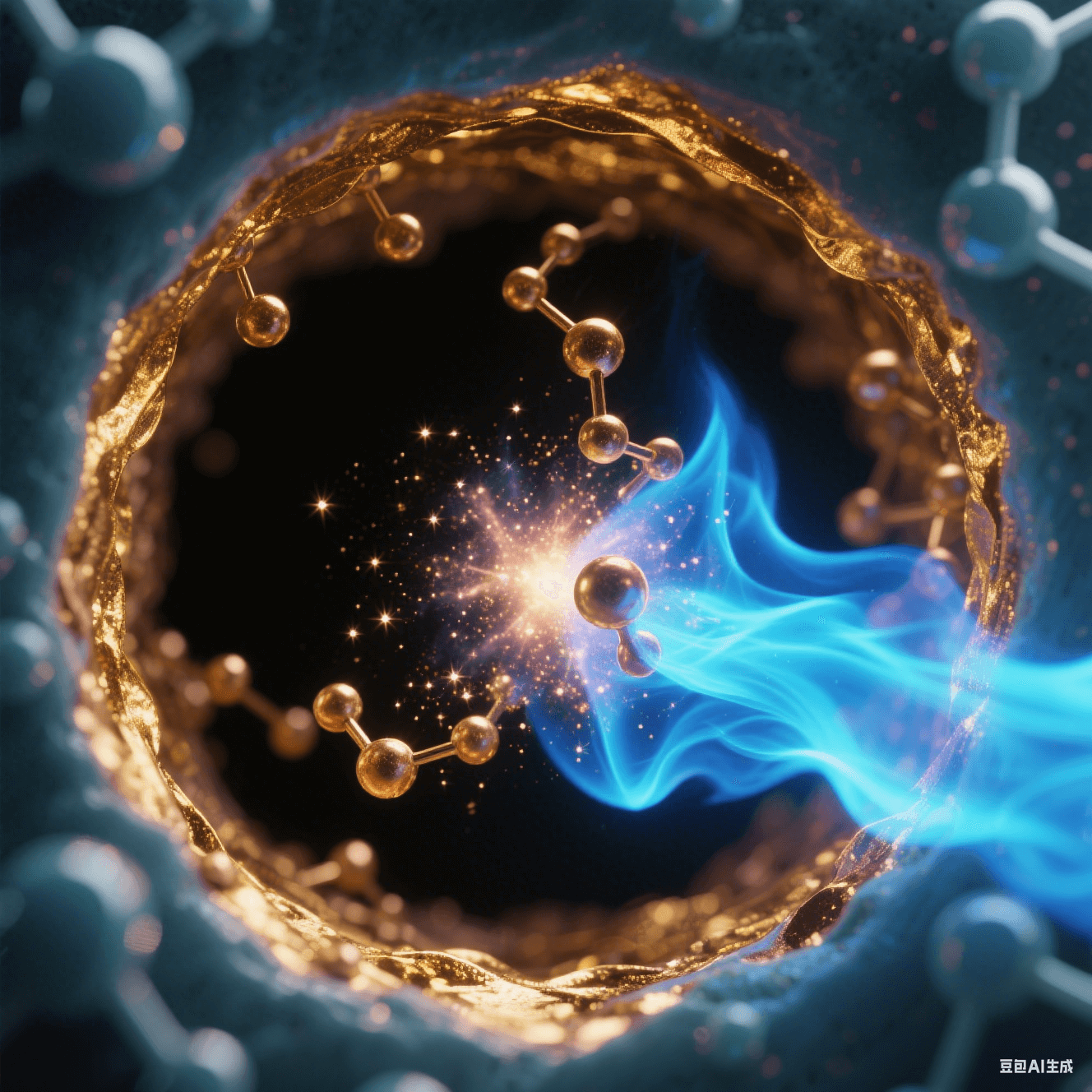 氧等離子體流如藍(lán)色火焰掃過微孔，孔壁表面能提升形成金色親水膜，化學(xué)沉銅離子如星云向孔內(nèi)聚集 