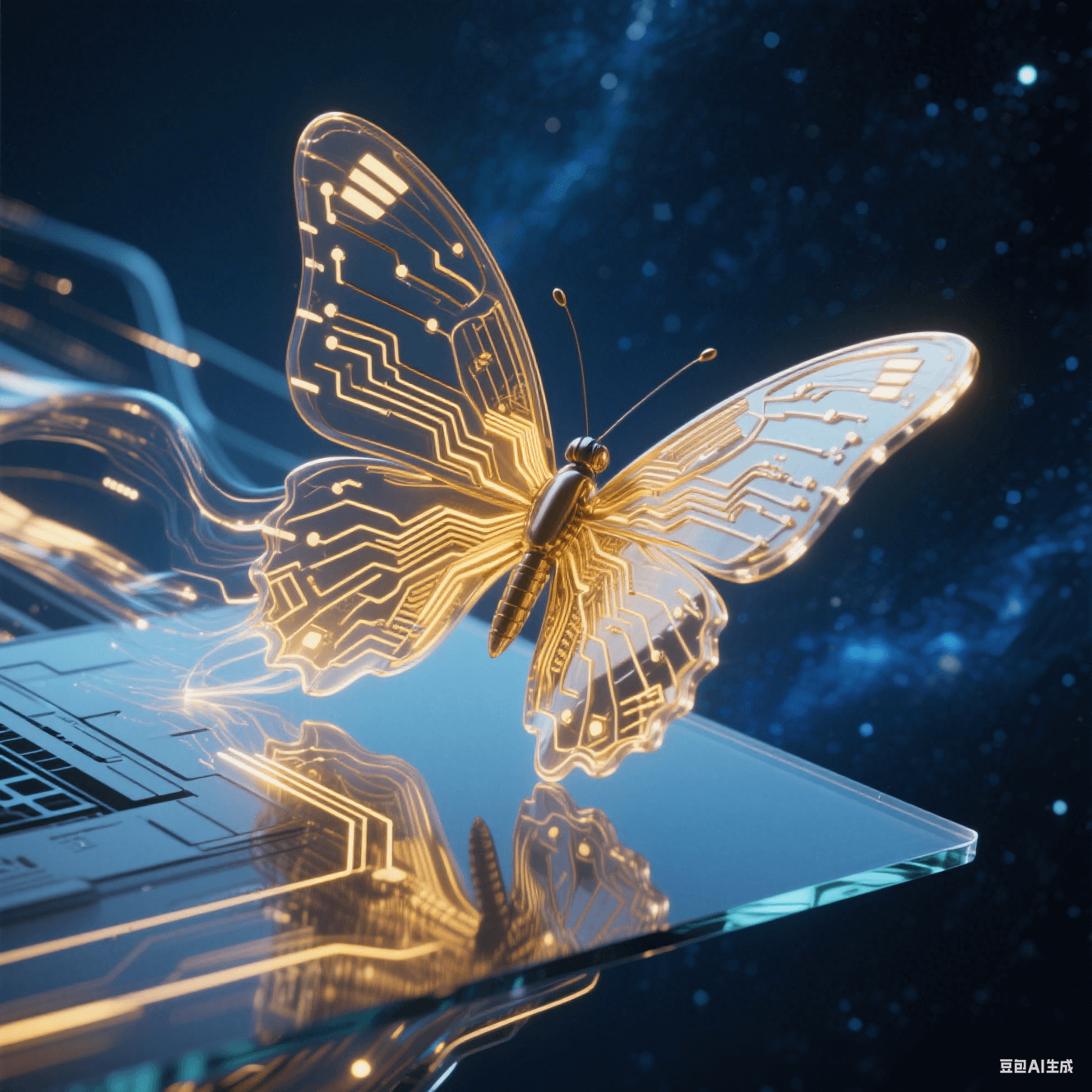 未來主義電子蝴蝶：半透明金色多層電路板如蝶翼般從玻璃基板破繭而出，流光粒子在柔性折疊處流動(dòng)，背景深藍(lán)宇宙星塵