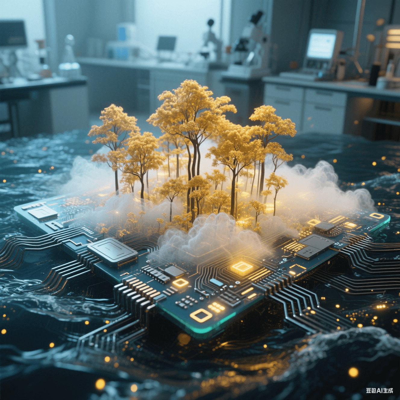 碳納米管在電路表面生長成金色森林，氣凝膠絕緣層如透明云霧籠罩，降解基板在海水中化為發(fā)光粒子