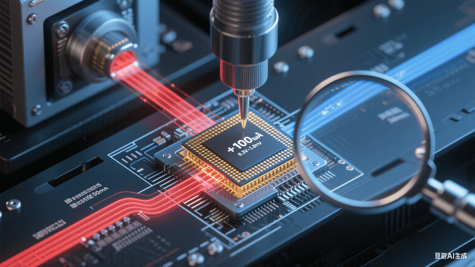 ATE測試信號閉環(huán)流程圖：紅色激勵信號經(jīng)50Ω微帶線輸入BGA芯片，金色響應信號返回ATE機臺，顯微特寫顯示±100μA電流在0.3V-0.8V保護二極管測試區(qū)間