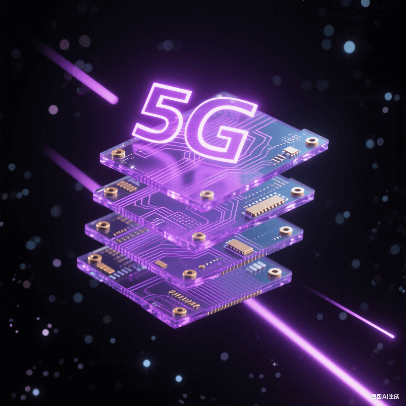 抽象多層電路板懸浮于深空背景，紫色發(fā)光線路與金色過孔構成脈沖光網(wǎng)，水晶質(zhì)感介電材料呈現(xiàn)5G信號傳輸概念