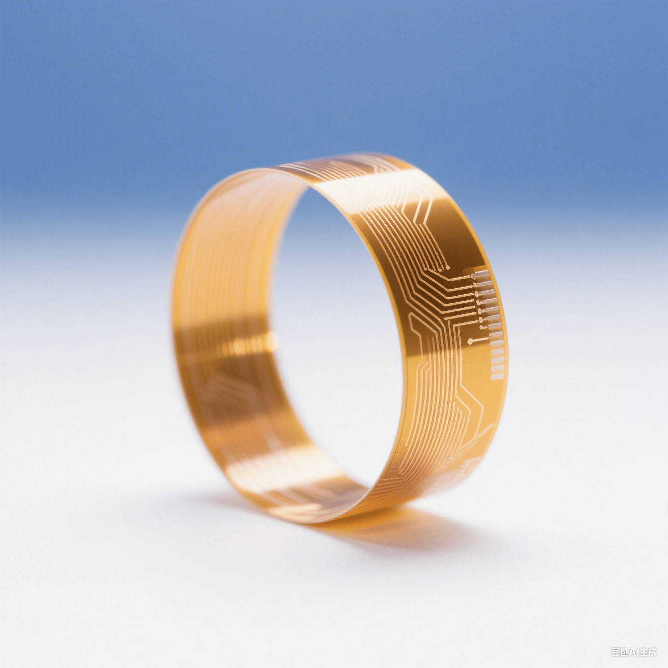 聚酰亞胺柔性電路板在白色背景中以5mm半徑彎曲，金色銅箔線路折射暖光，冷調(diào)環(huán)境光突顯材料柔韌性與科技感