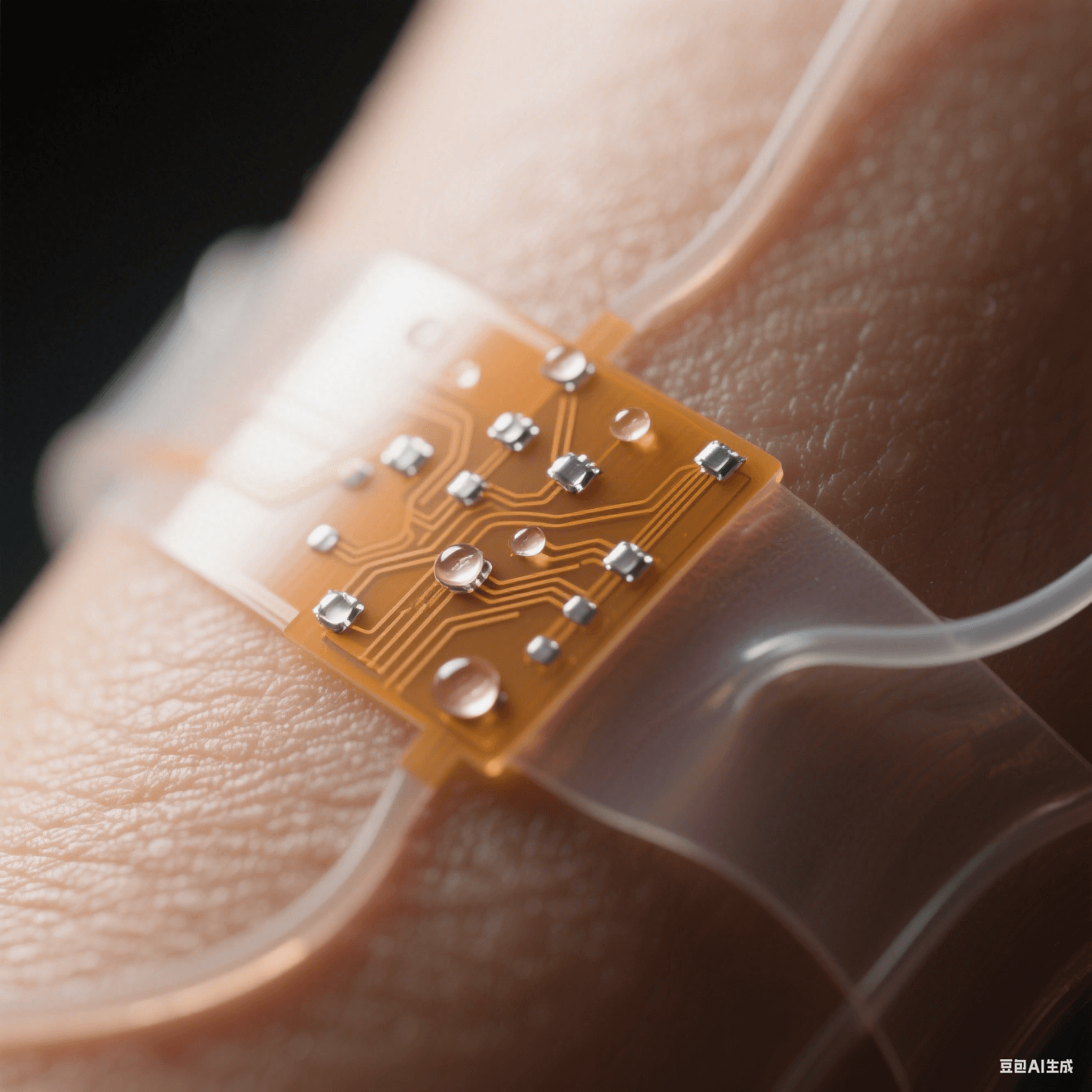 半透明琥珀色柔性電路板微距貼合人類皮膚，銀色焊點如露珠嵌于生物相容涂層表面，邊緣自然卷曲呈現(xiàn)醫(yī)療電子融合