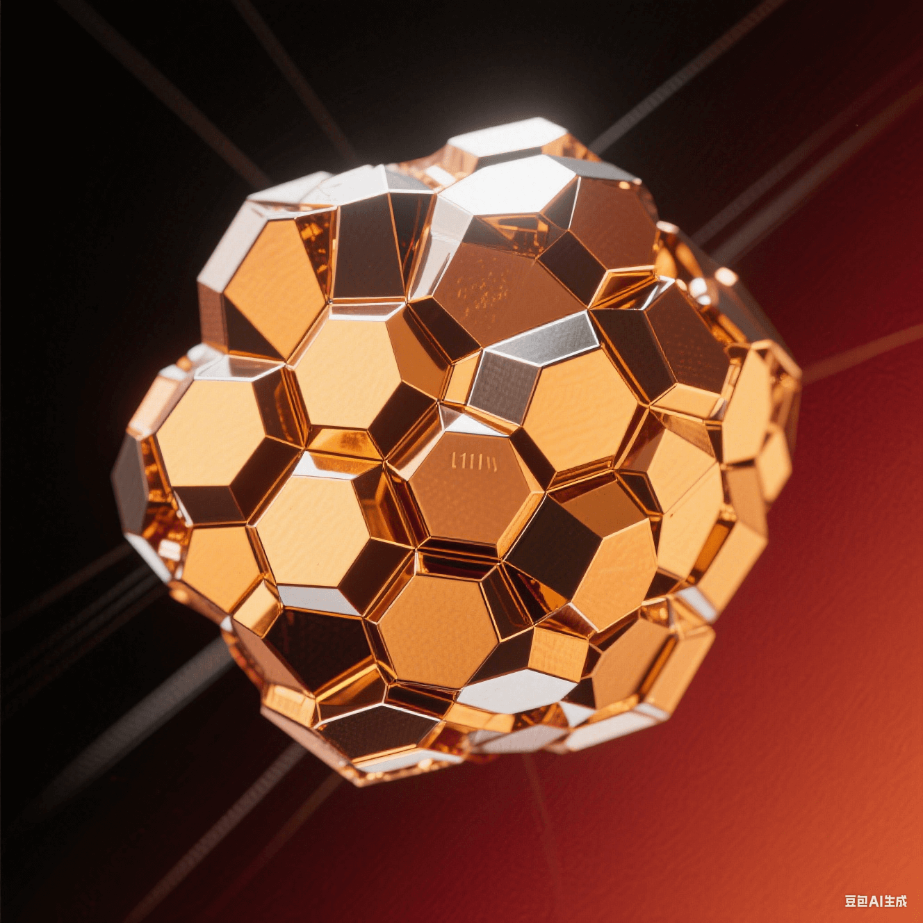 藝術(shù)化銅晶體顯微圖：暖金色等軸晶粒緊密鑲嵌，六邊形晶面反射定向光束，深紅背景強(qiáng)化金屬晶界光澤