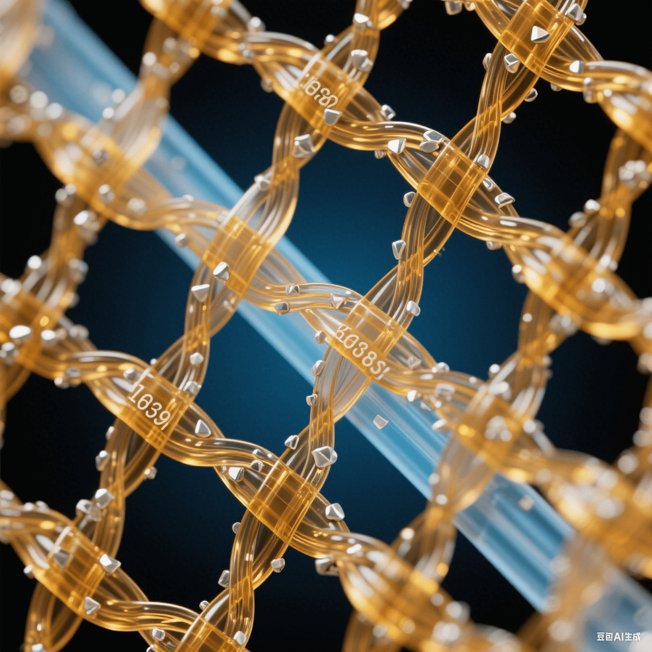 透明玻璃纖維束嵌入琥珀色環(huán)氧樹脂網(wǎng)格，表面附著銀白色納米顆粒，冷藍(lán)背光突顯三維網(wǎng)狀復(fù)合結(jié)構(gòu)