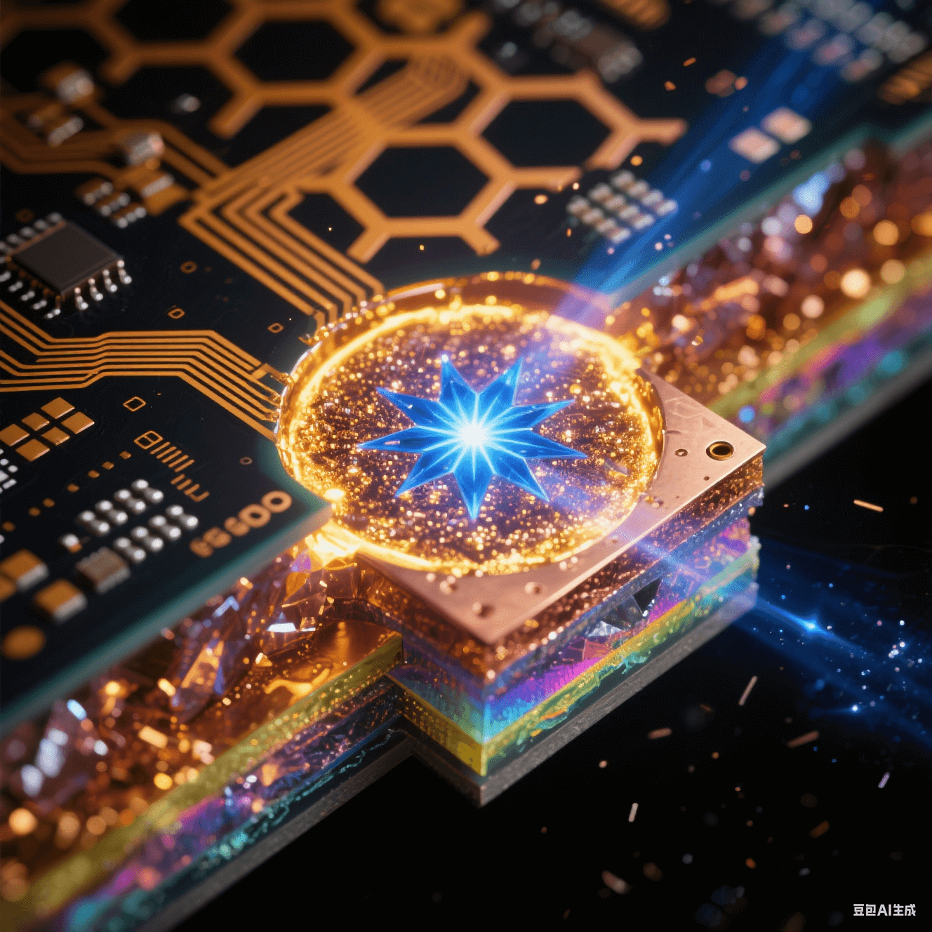 超流體動(dòng)力學(xué)渲染的多層HDI板4D集成概念，液態(tài)光子流在透明基板立體通道穿行，鉆石微粒元件自組裝，詮釋任意層互連技術(shù)的量子級(jí)演進(jìn)