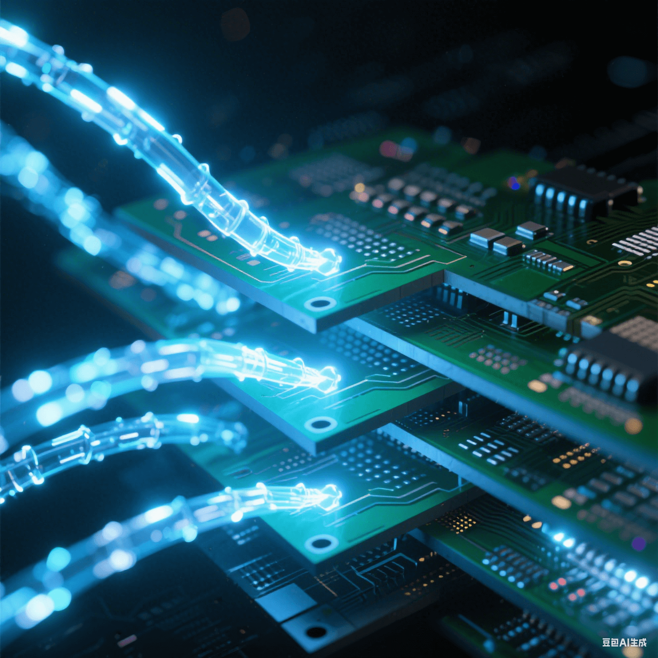抽象光跡呈現(xiàn)多層電路板內(nèi)部電磁脈沖流沿微孔矩陣躍遷，藍(lán)白信號(hào)束在深黑PCB截面散射虹彩，詮釋高頻高速板的信號(hào)完整性設(shè)計(jì)原理