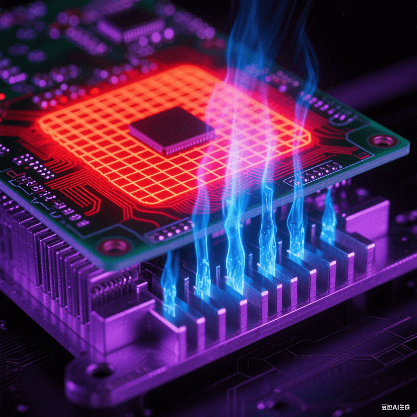 紅外視角PCB亮紅色高溫區(qū)，藍(lán)色柱狀熱過孔貫穿連接底部散熱鰭片，鋁基板泛金屬冷光，熱蒸汽在紫黑背景上升