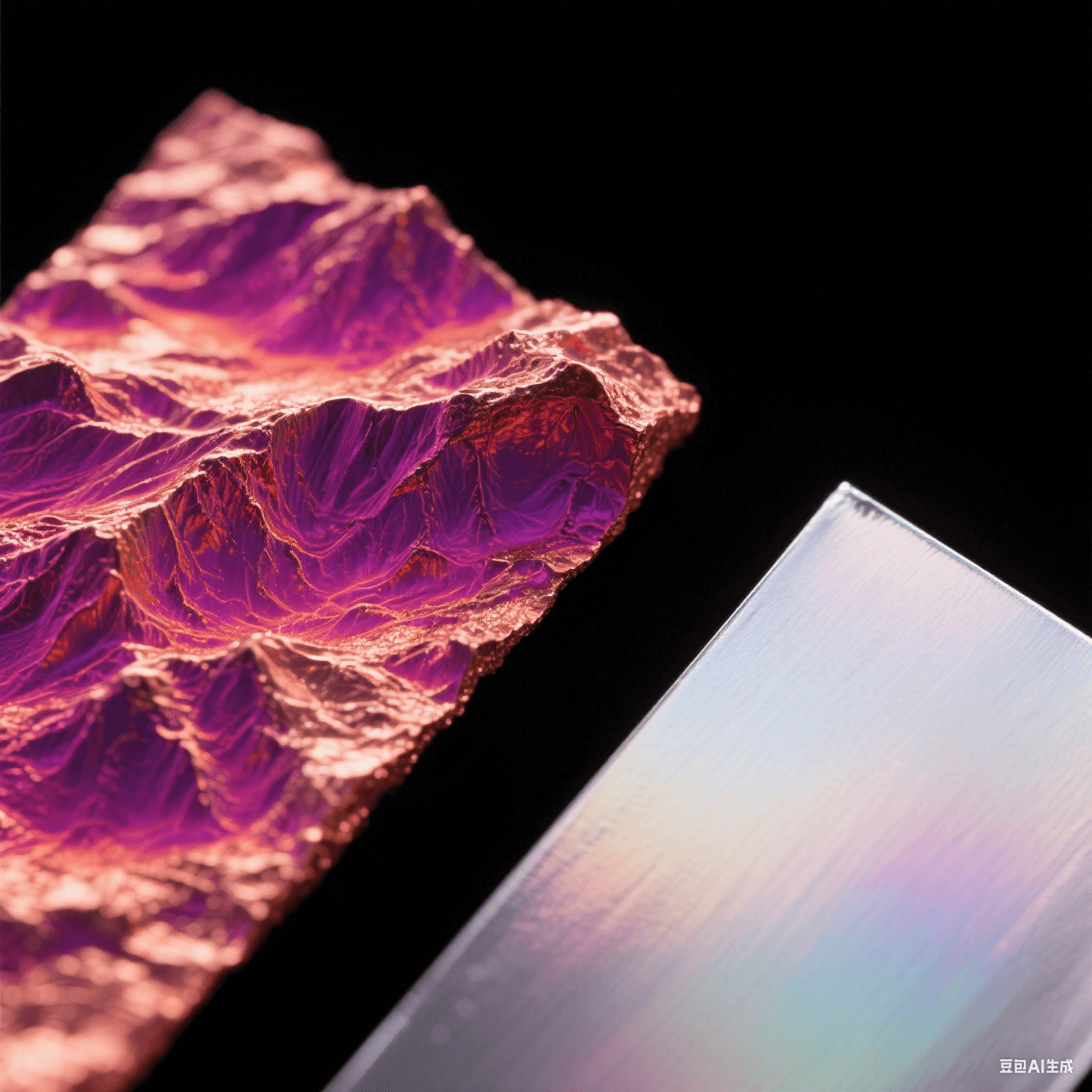 電子顯微鏡下粗糙與光滑銅箔對(duì)比，紫紅熱力圖標(biāo)示局部高溫，冷銀色鍍層泛虹彩光澤，黑色背景突顯微觀表面結(jié)構(gòu)