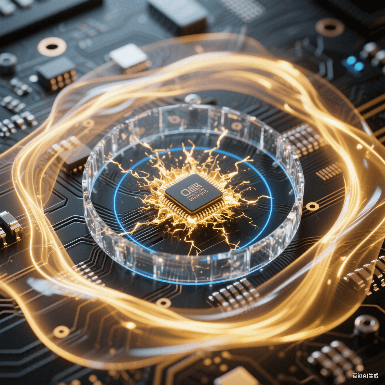 黑色PCB芯片爆發(fā)環(huán)狀金色能量波形成閉合光環(huán)，透明水晶屏障截?cái)嗦窂?，藍(lán)色同心圓阻尼波從電容區(qū)擴(kuò)散