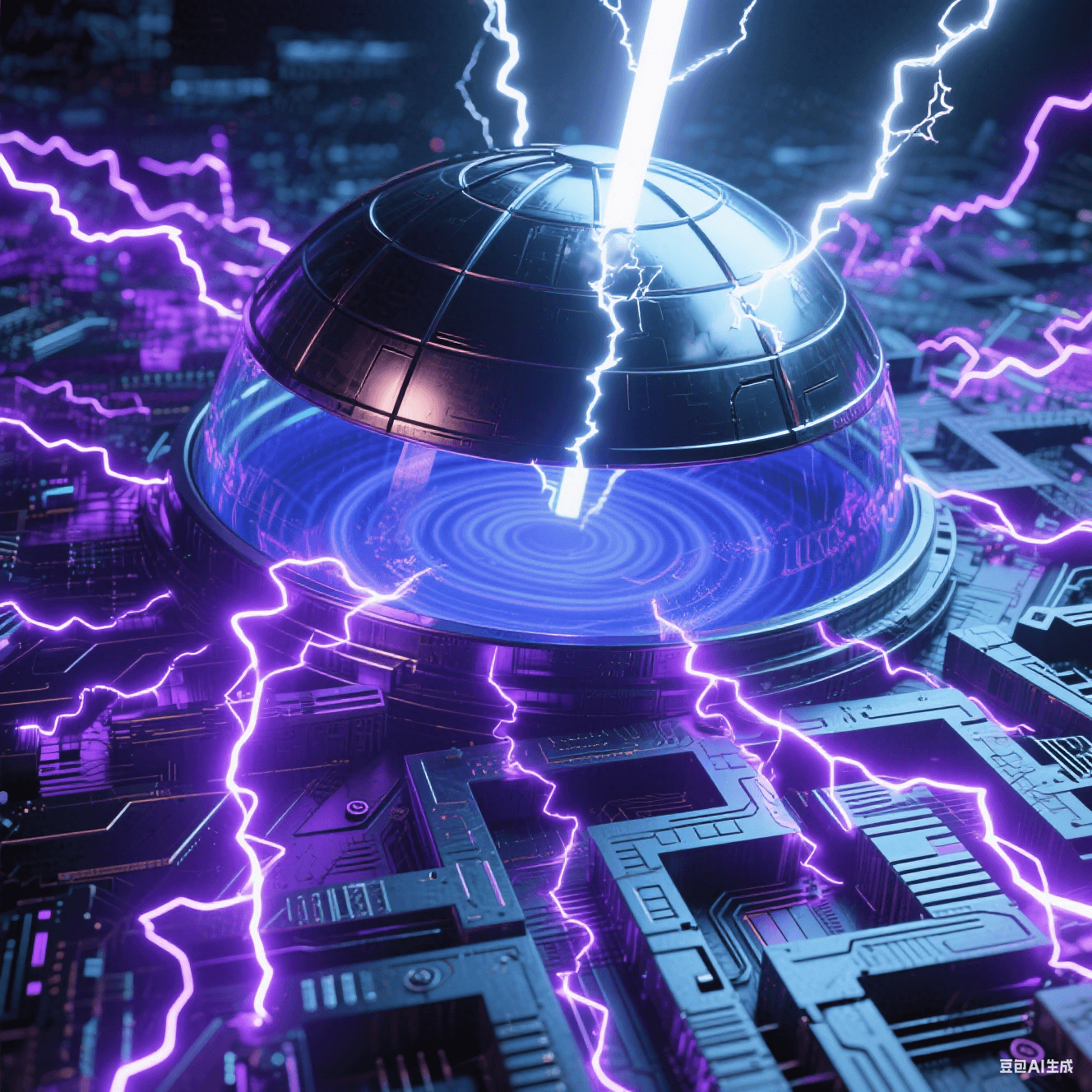 密集紫色電弧在電路間跳躍，金屬穹頂籠罩后衰減為藍(lán)色漣漪，穹頂裂縫輻射熾白光束，熔融金屬與冷電路背景碰撞