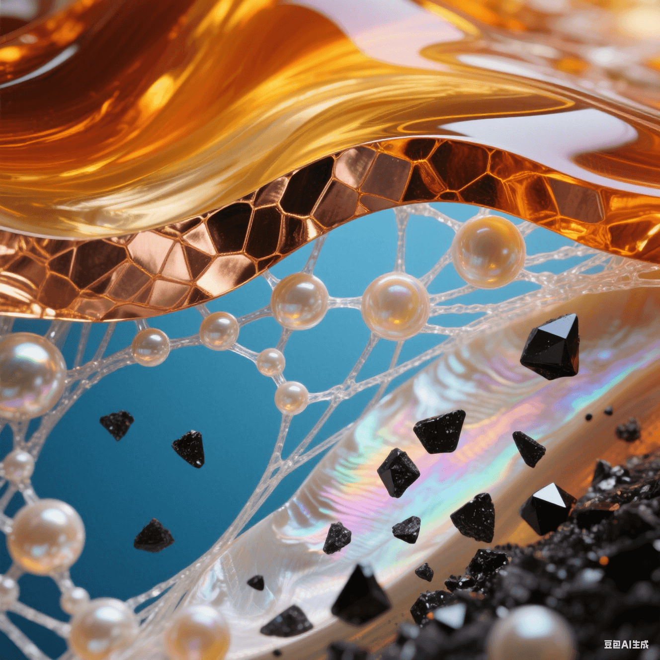 琥珀色樹脂與鎏金銅箔分離，層間涌出珍珠母貝氣泡，玻璃纖維化作發(fā)光絲線，藍(lán)橙熱應(yīng)力波與虹光結(jié)晶交織的動(dòng)力學(xué)美學(xué)場(chǎng)景