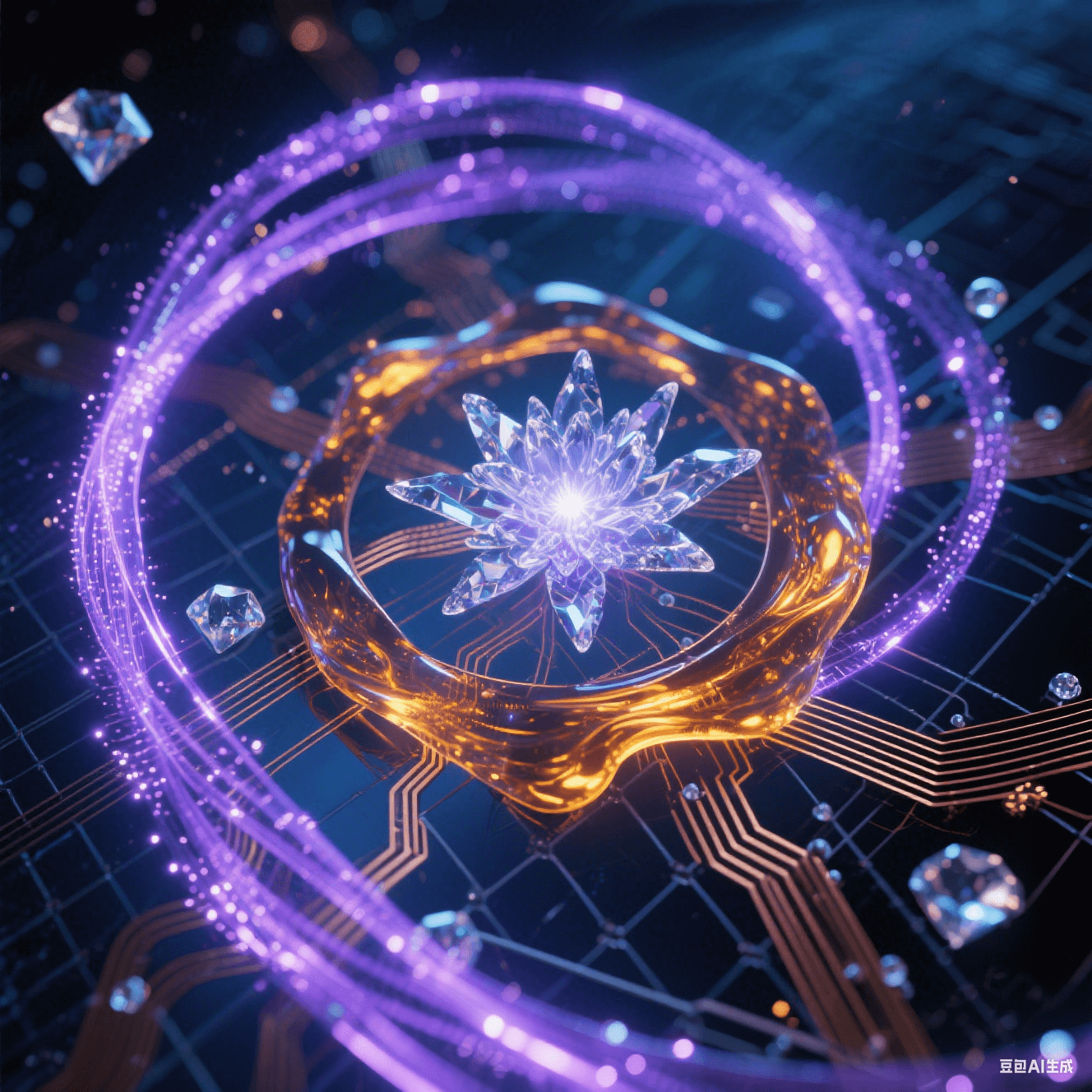 幽藍(lán)色玻纖上琥珀樹脂流淌液態(tài)光影，紫色離子粒子流在納米縫隙舞動(dòng)成星系漩渦，光導(dǎo)纖維網(wǎng)絡(luò)故障點(diǎn)綻放水晶能量花簇的光影藝術(shù)表現(xiàn)