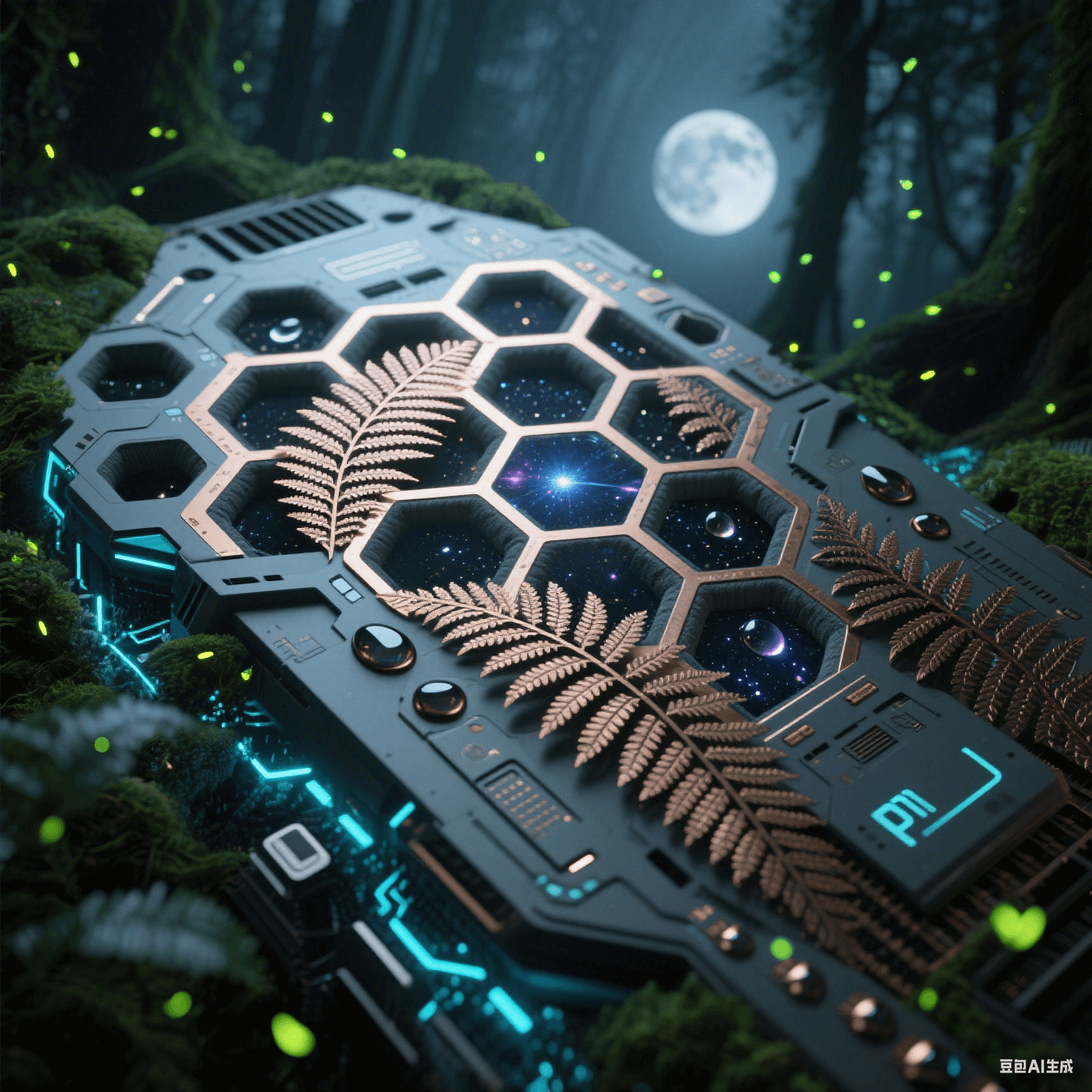 蜂巢結(jié)構(gòu) PTFE 核心流淌銀河光脈，銅箔生長(zhǎng)蕨葉狀散熱紋，液態(tài)金屬焊盤與全息粒子嵌入碳灰緩沖層，月光森林氛圍中飄著螢火蟲光點(diǎn)的未來生態(tài)畫面