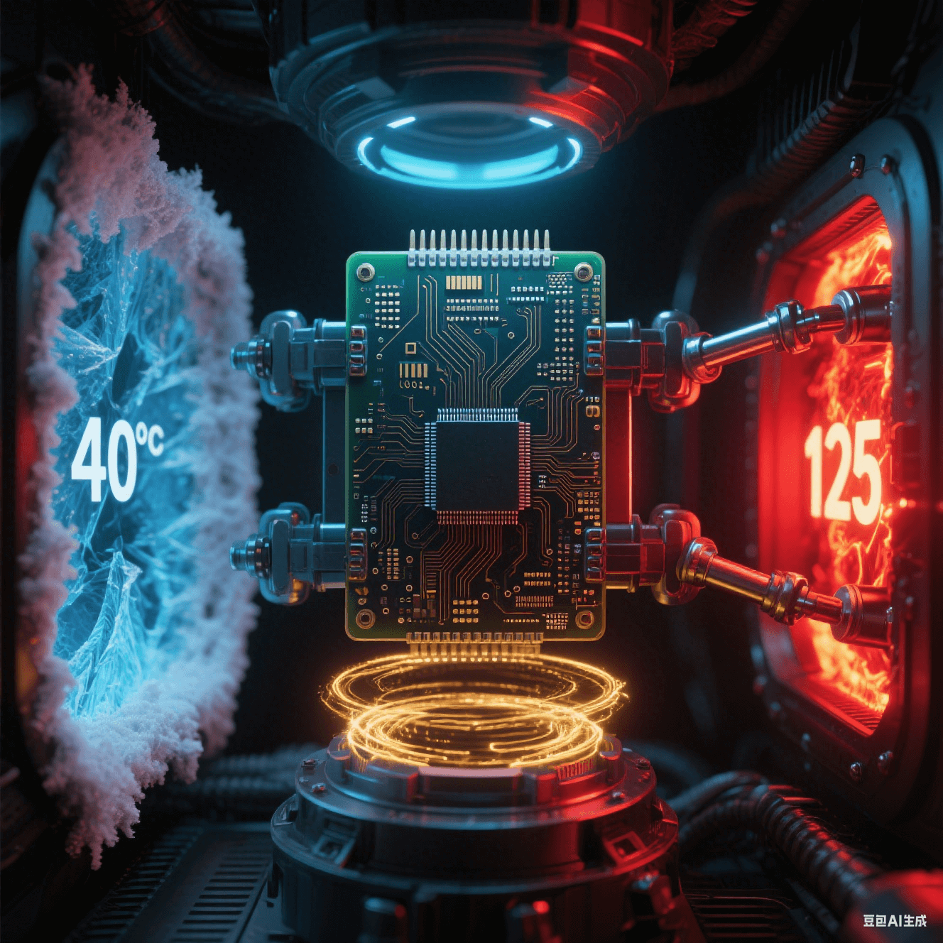 電路板極端環(huán)境測(cè)試艙 - 左側(cè) - 40℃冰藍(lán)色結(jié)霜區(qū)域 - 右側(cè) 125℃熾熱發(fā)紅焊點(diǎn) - 中央板體機(jī)械振動(dòng) - 應(yīng)力釋放槽周?chē)鹕芰繚i漪 - 全黑背景紅光藍(lán)光照明
