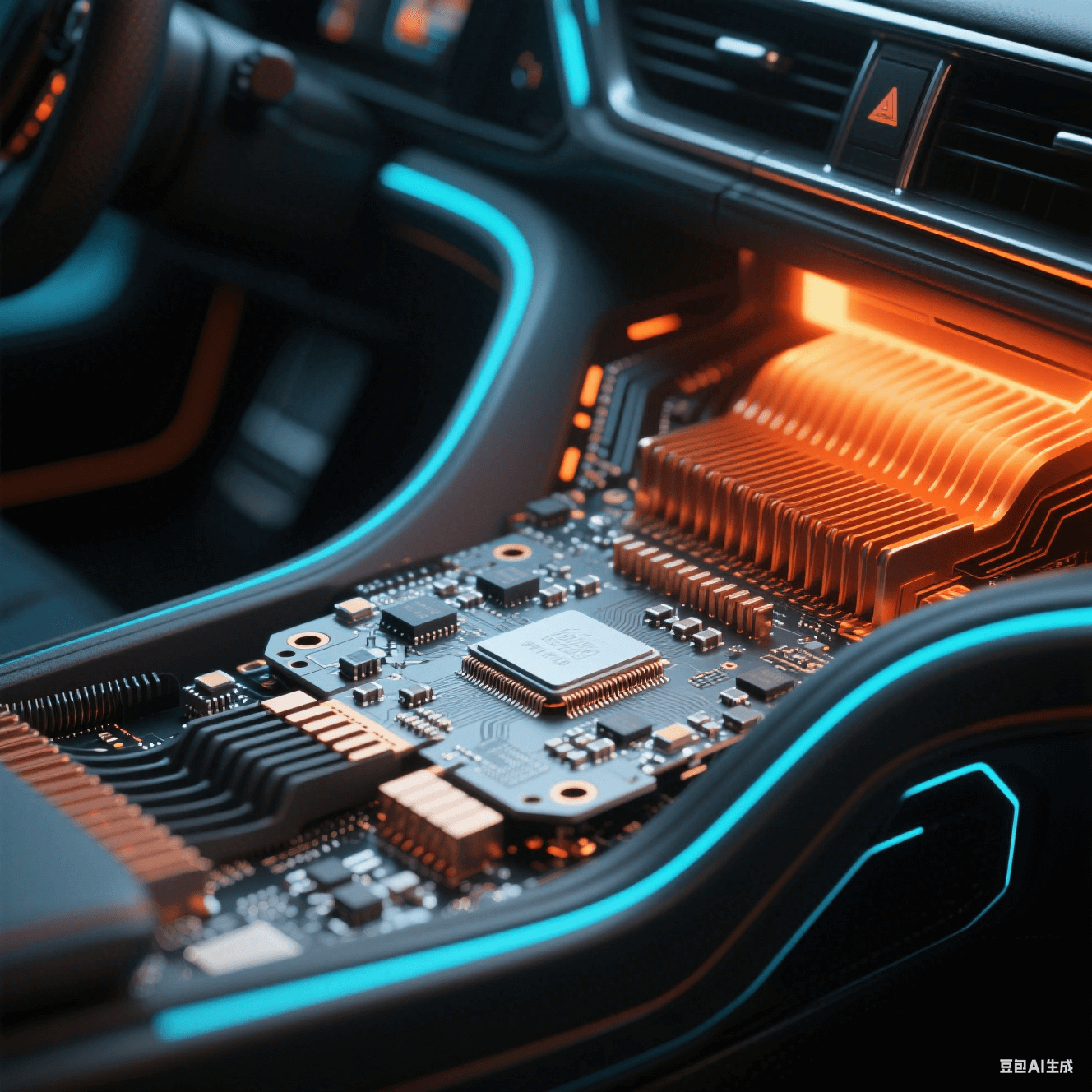 汽車(chē)中控臺(tái)域控制器內(nèi)部 - 銀灰色基板密集元件 - 銅橙色散熱鰭片 - 熱過(guò)孔陣列紅外熱力圖 - 剛?cè)峤Y(jié)合板啞光黑 FPC 彎曲結(jié)構(gòu) - 冷藍(lán)電路光效與暖橙散熱光對(duì)比