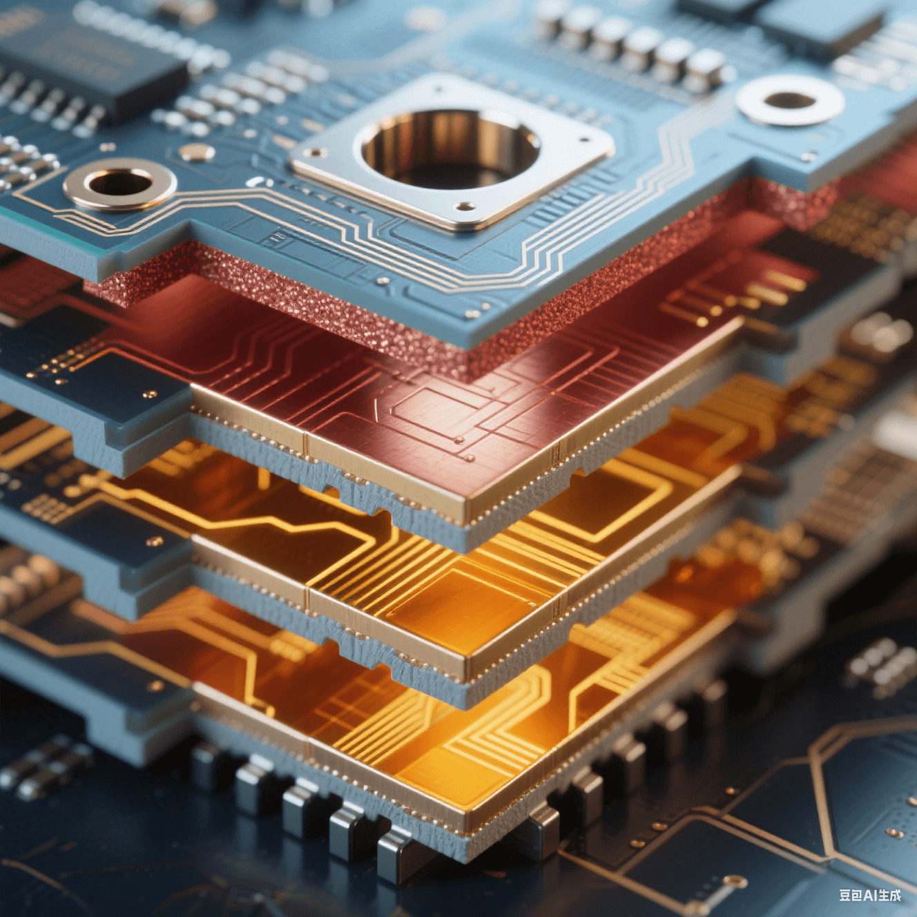 六層電路板橫截面顯微圖（放大 100 倍）- 藍(lán)灰 / 金 / 銅色交替層壓 - 厚銅紅色電源層 - 金色正交信號(hào)走線 - 半透明琥珀色樹(shù)脂層間填充 - 邊緣應(yīng)力釋放槽機(jī)械切割面 - 冷白光投射孔壁高光