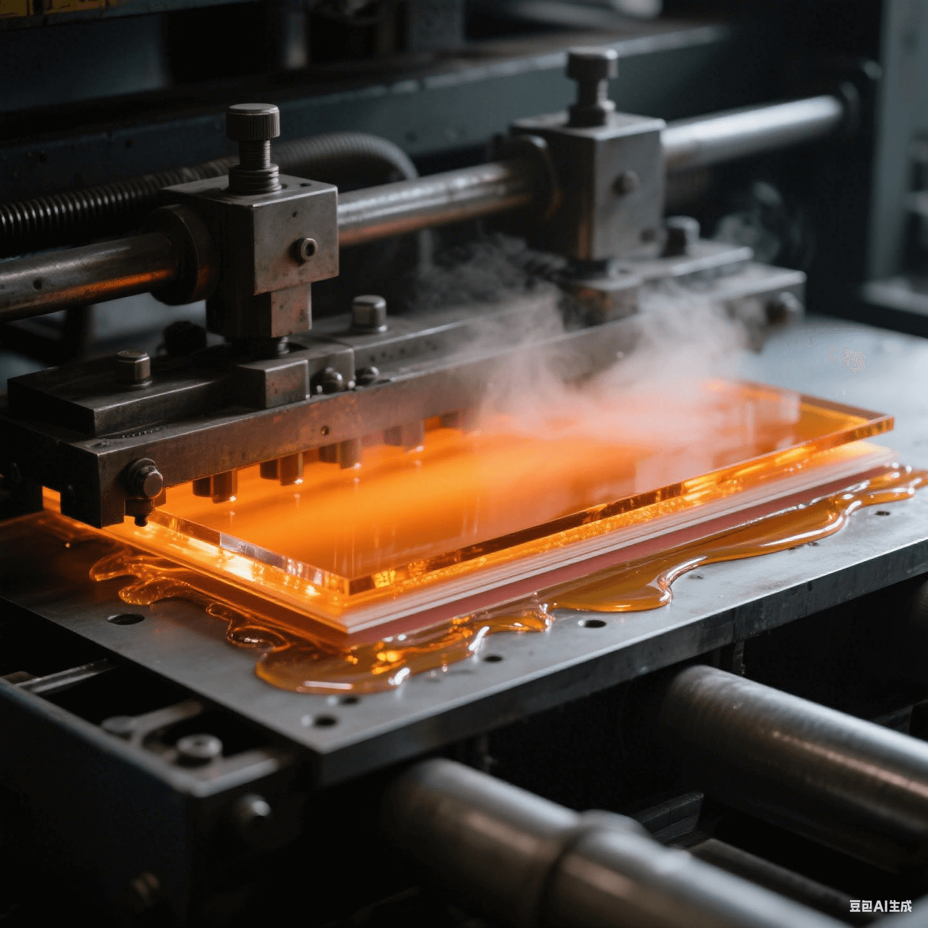 工業(yè)級(jí)層壓機(jī)工藝特寫(xiě) - 鋼板夾層中琥珀色樹(shù)脂高溫流動(dòng) - 350psi 壓力形成薄介質(zhì)層 - 分層材料邊緣晶瑩膠體 - 熱壓板反射熾熱橙光 - 深灰機(jī)械結(jié)構(gòu)與蒸汽朦朧效果