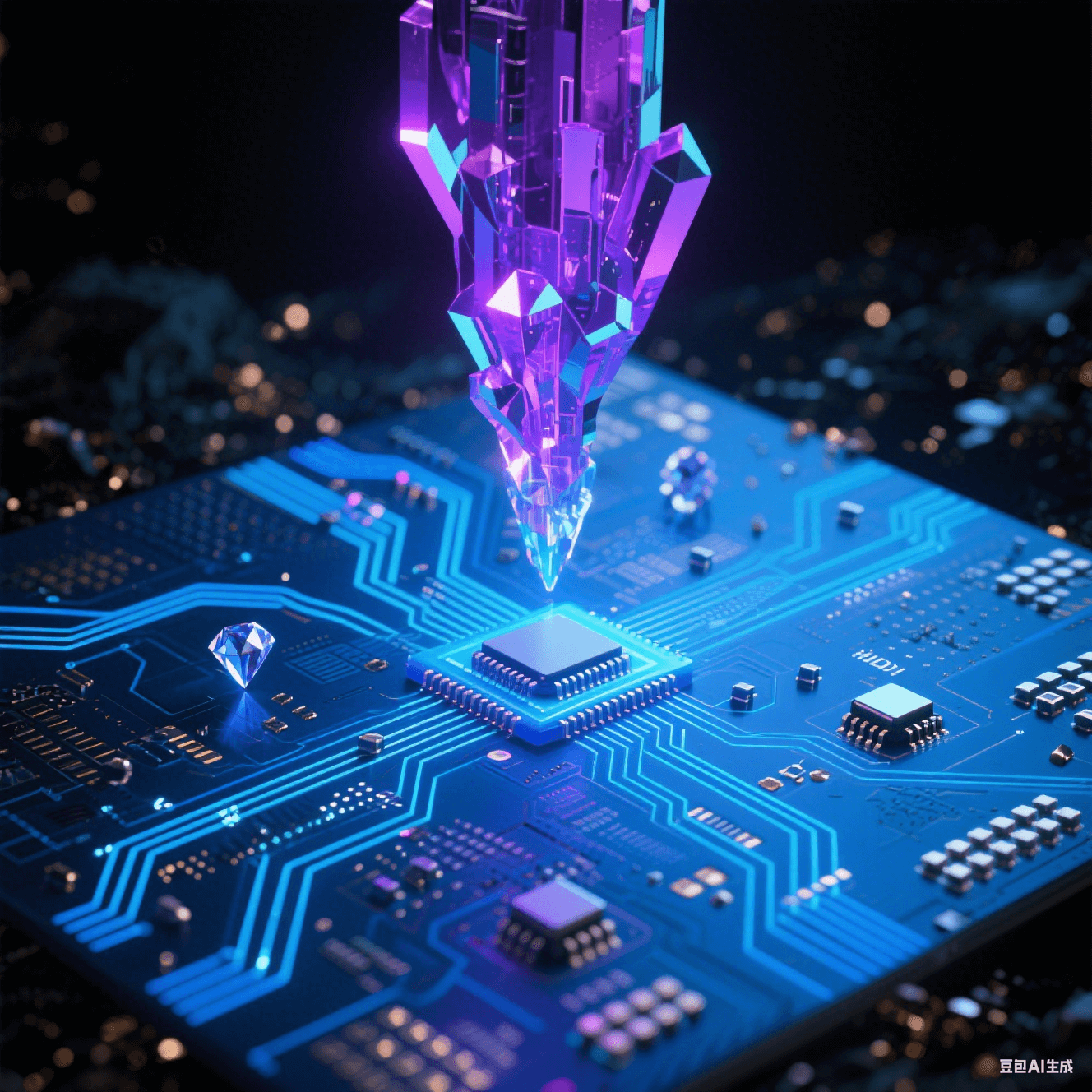 幽藍(lán)HDI基板中百萬(wàn)微孔構(gòu)成三維神經(jīng)網(wǎng)，虹彩偏光細(xì)線交織，懸浮鉆石微粒電容脈沖藍(lán)光，分形紫晶毫米波導(dǎo)結(jié)構(gòu)矗立于金屬粉塵暗背景