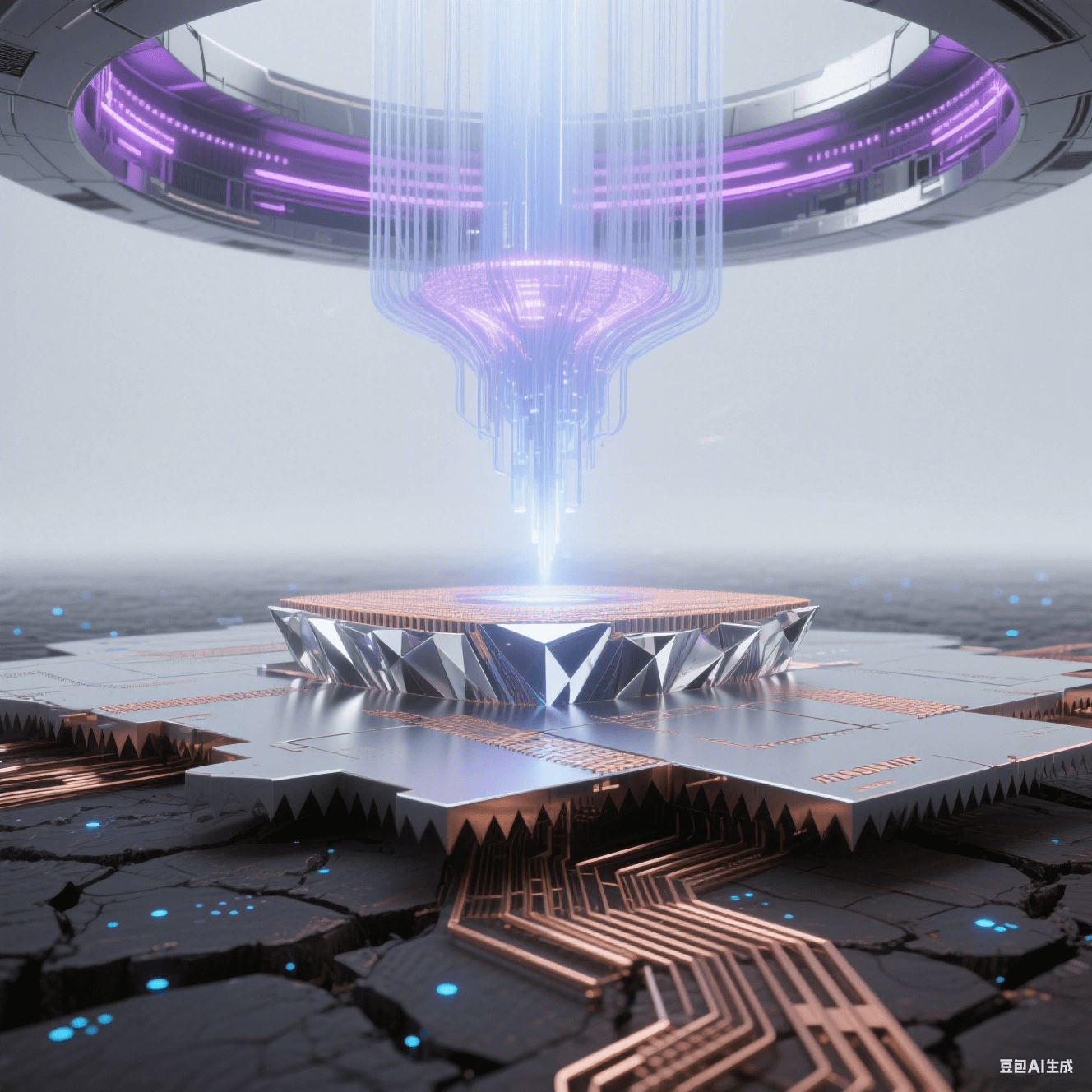 抽象科技穹頂下的技術演進，底部傳統(tǒng)蝕刻銅線如干裂大地，中部 mSAP 銅線如精密切割水晶，頂部 EUV 光刻 3μm 銅線如懸浮納米絲，極紫外激光激發(fā)紫色等離子輝光