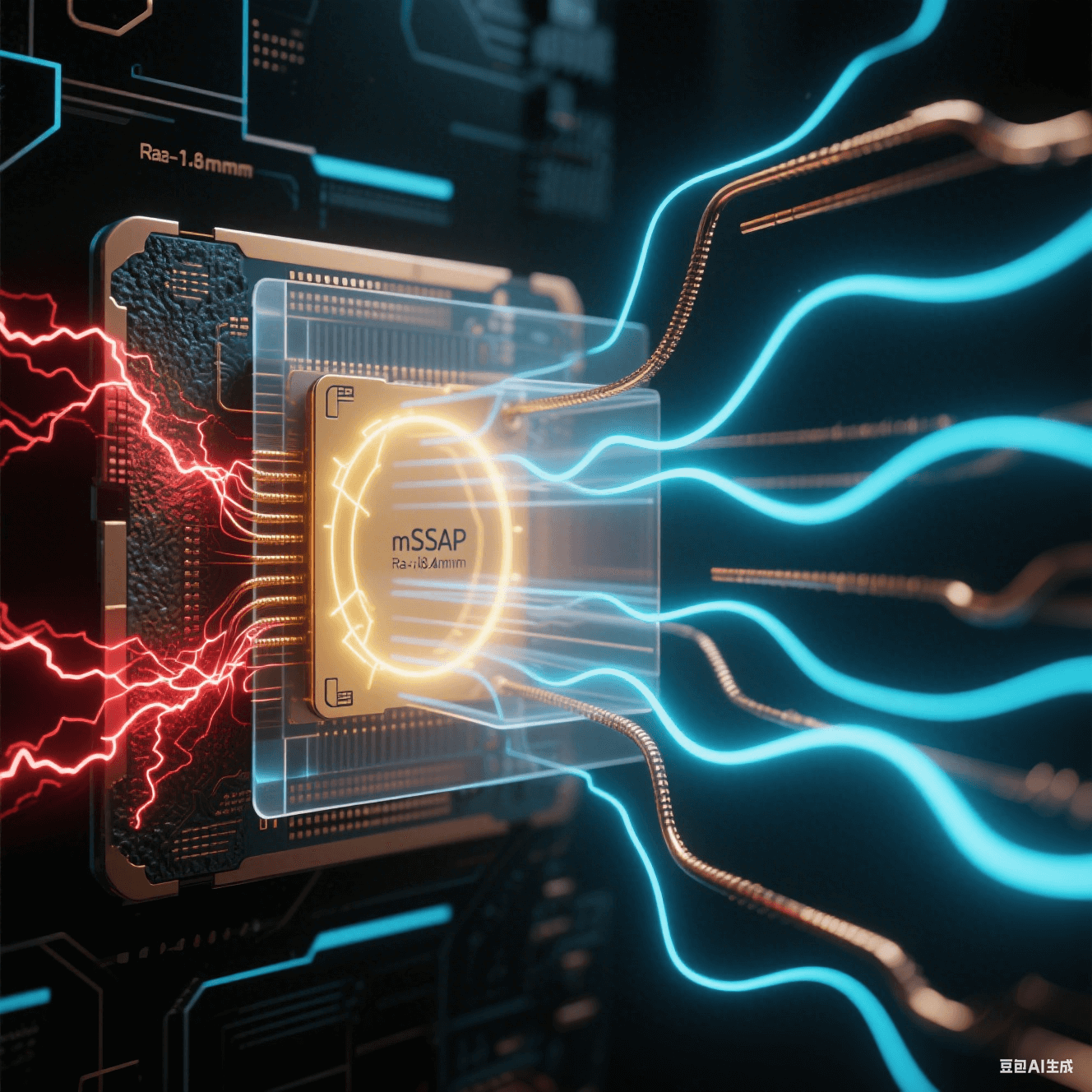 暗黑空間中高頻信號傳輸對比，左側粗糙銅線（Ra>1.8μm）電流紊亂如紅色閃電，右側 mSAP 光滑銅線（Ra<0.4μm）電流均勻如藍色絲綢，金色電磁波束穿透透明介質