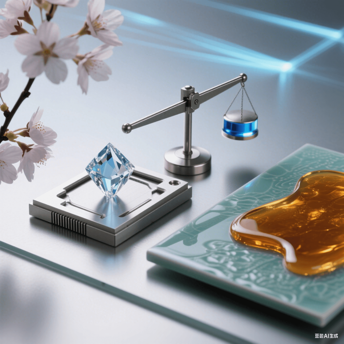 櫻花映襯下，鉆石晶體放金屬臺，中央天平偏向右端藍光砝碼，琥珀流體漫過青瓷托盤，科技背景暗喻價值的多維權(quán)衡