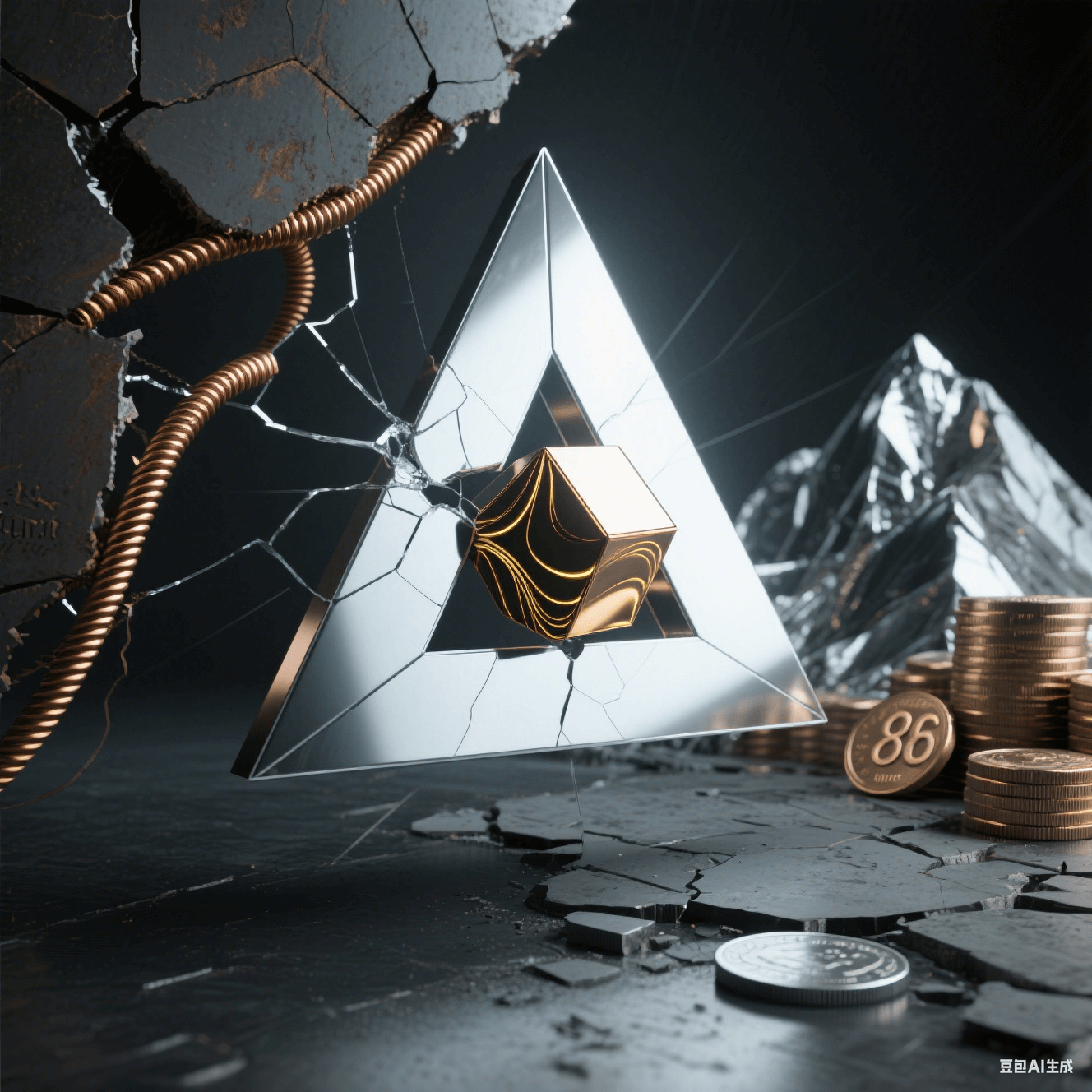 暗調(diào)背景下，破碎的銀色金屬三角內(nèi)嵌金色紋理立方體，銅色螺旋線與刻‘86’的硬幣環(huán)繞，呈現(xiàn)工業(yè)破碎與奢華的沖突感
