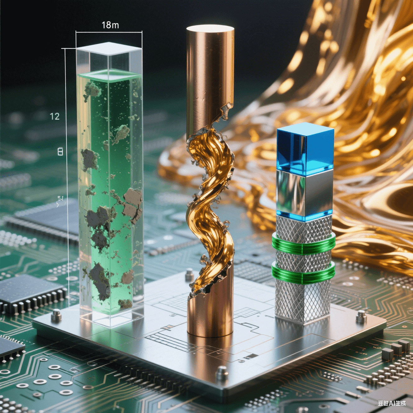 科技實驗場景：電路板上三柱對比——左柱封存綠液殘渣，中柱銅體斷裂迸發(fā)金色流體，右柱藍光-銀網(wǎng)-綠環(huán)有序堆疊，背景熔金象征突破