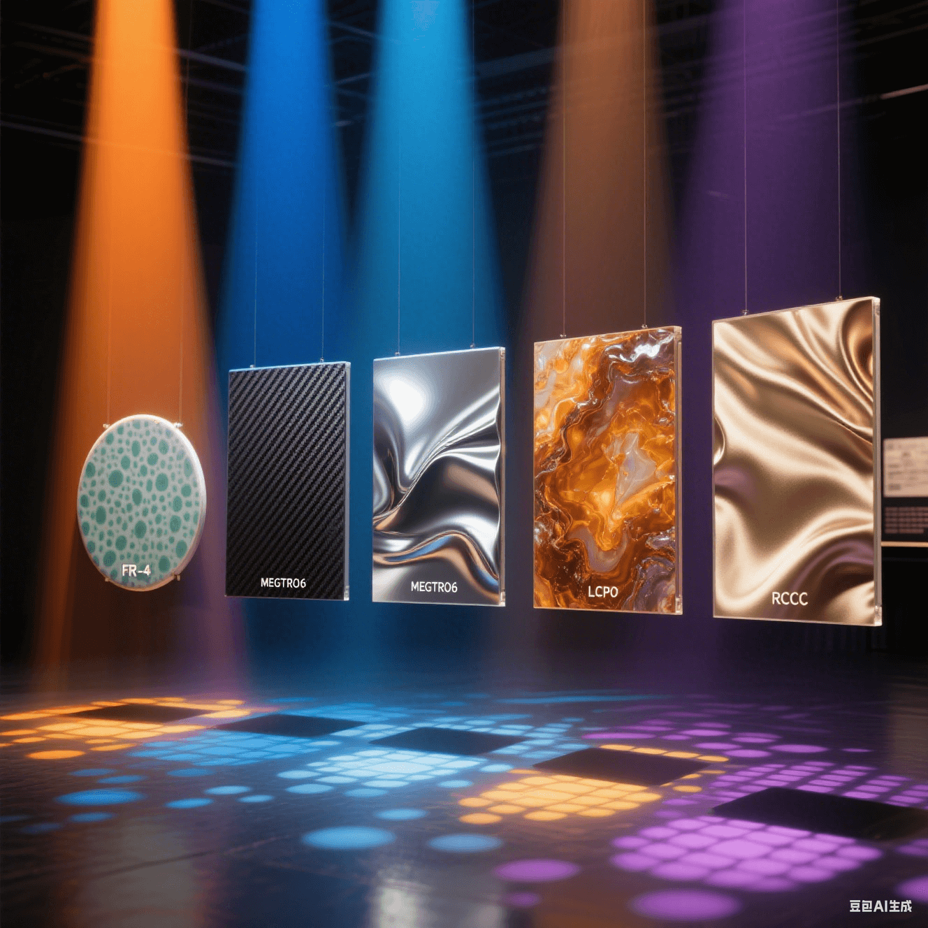 斑駁青瓷紋/碳纖紋/液態(tài)金屬/琥珀瑪瑙紋/絲綢褶皺肌理，被橙藍(lán)金銀紫光束穿透，地面投影各異光斑形態(tài)